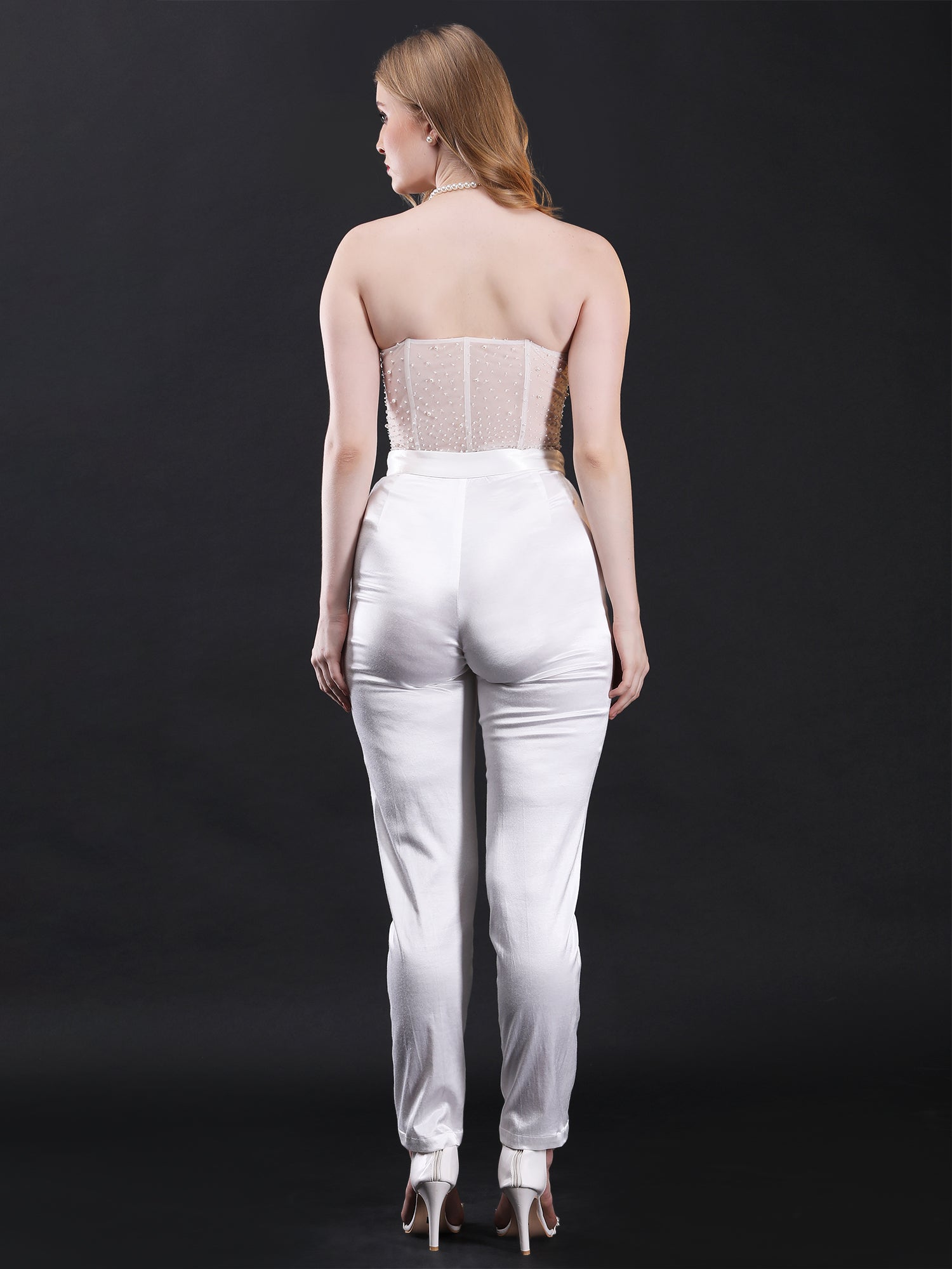 Opulent White Lycra Satin Pearl Elegance Coat Pant Mesh Corset Set