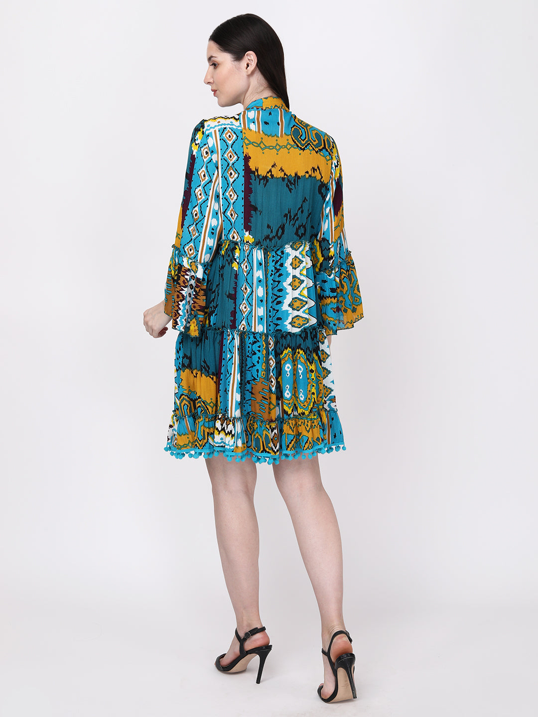 Teal Blue Yellow Abstract Cotton Fit & Flare Bell Sleeve Midi Dress