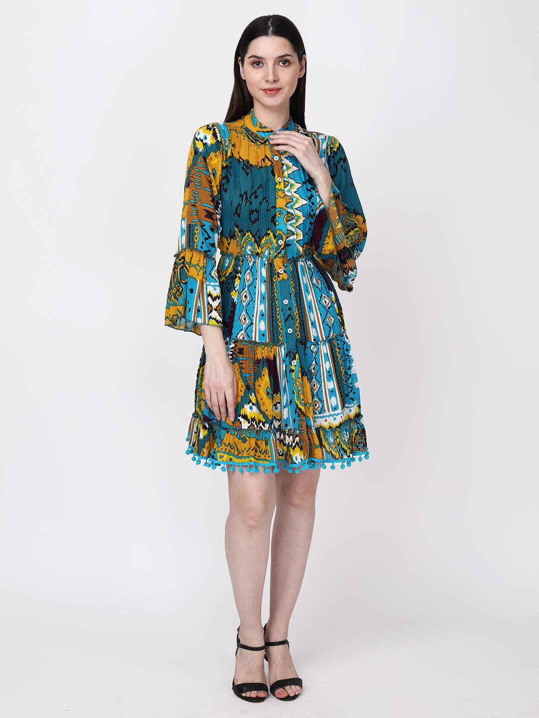 Teal Blue Yellow Abstract Cotton Fit & Flare Bell Sleeve Midi Dress