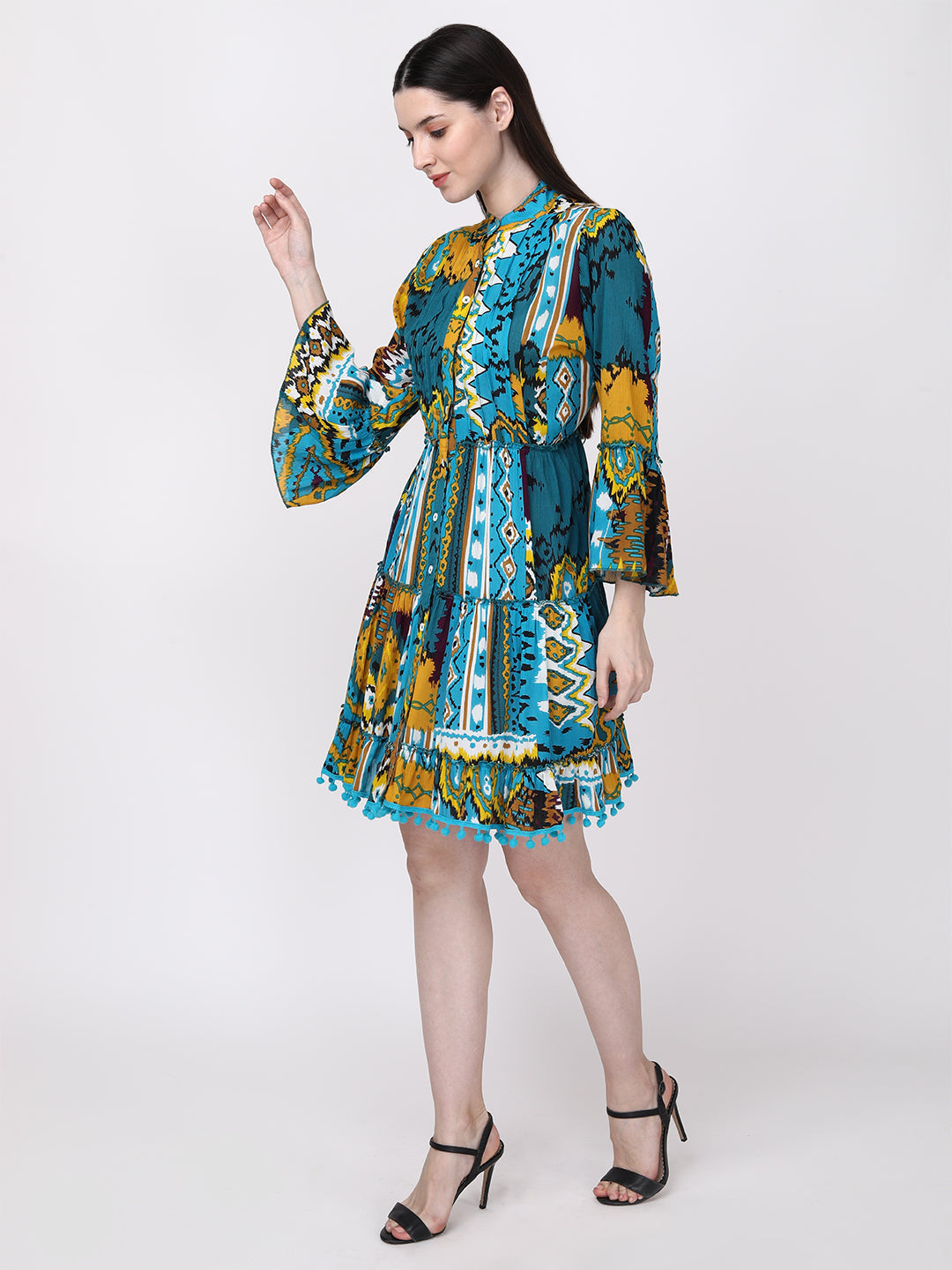 Teal Blue Yellow Abstract Cotton Fit & Flare Bell Sleeve Midi Dress
