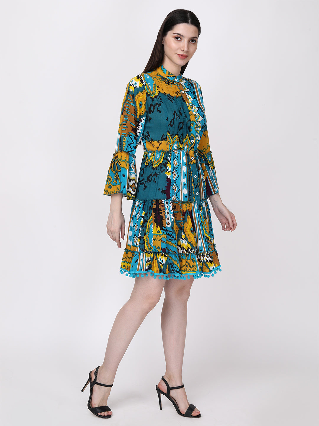 Teal Blue Yellow Abstract Cotton Fit & Flare Bell Sleeve Midi Dress