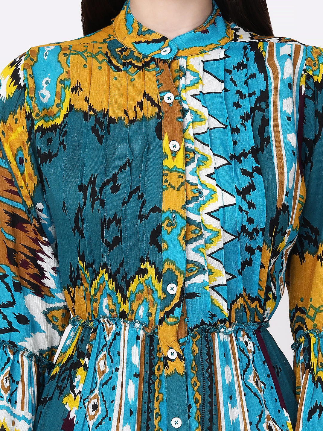 Teal Blue Yellow Abstract Cotton Fit & Flare Bell Sleeve Midi Dress