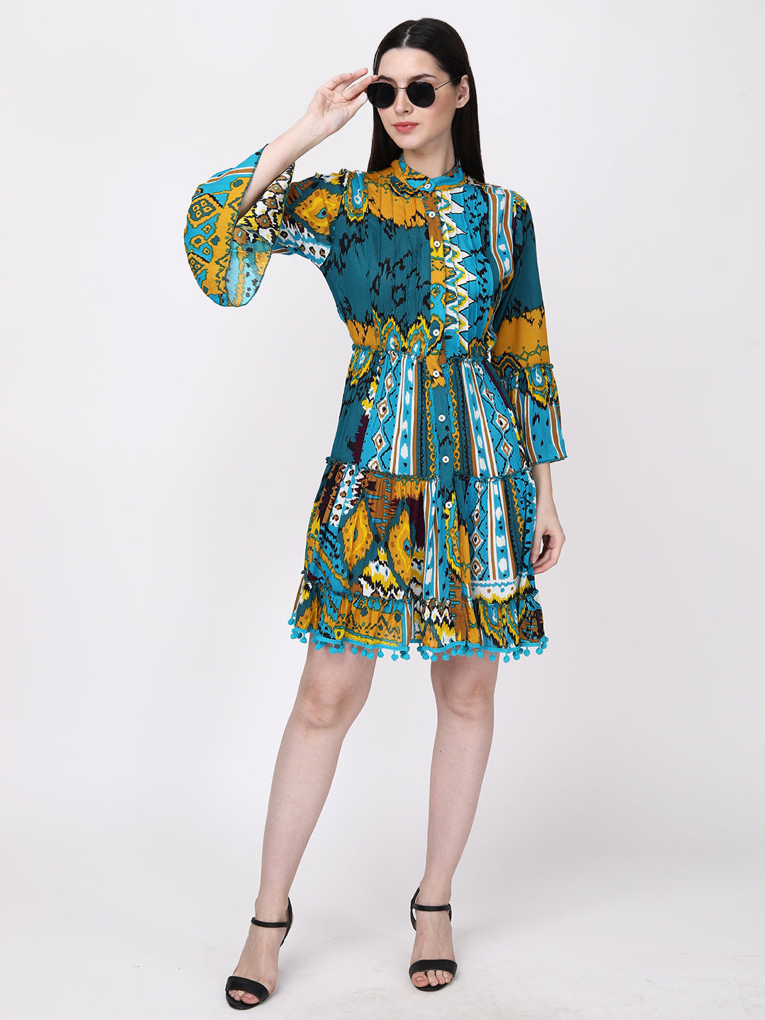 Teal Blue Yellow Abstract Cotton Fit & Flare Bell Sleeve Midi Dress