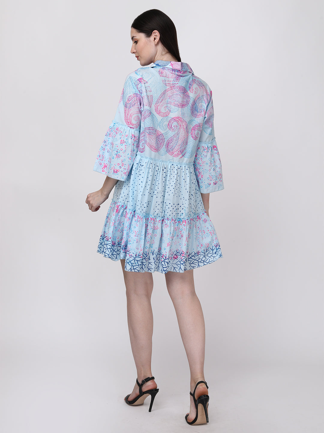 Blue Pink Ethnic Motif Cotton Tiered Shirt Dress Bell Sleeves