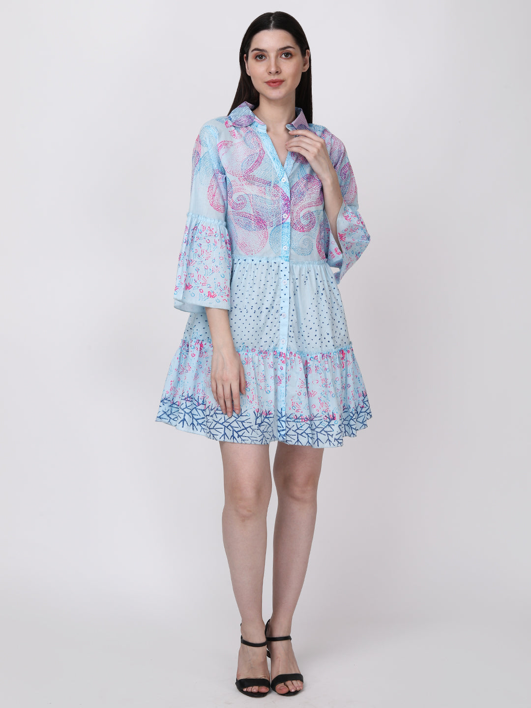 Blue Pink Ethnic Motif Cotton Tiered Shirt Dress Bell Sleeves
