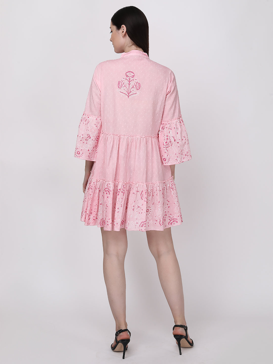 Pink Rose White Floral Cotton Fit & Flare Bell Sleeve Dress