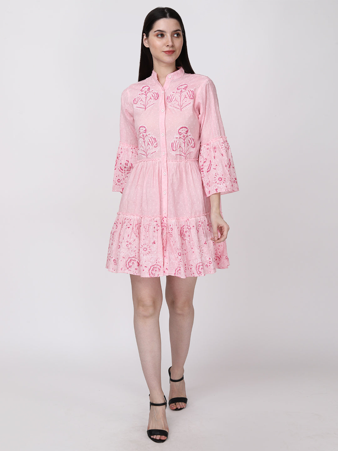 Pink Rose White Floral Cotton Fit & Flare Bell Sleeve Dress