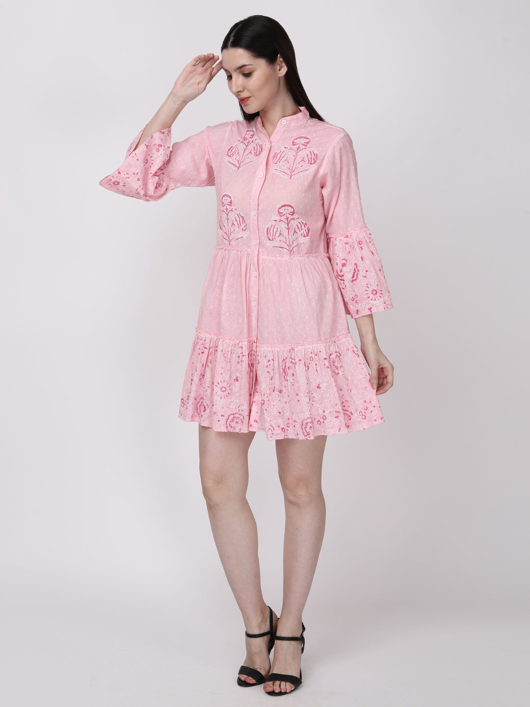 Pink Rose White Floral Cotton Fit & Flare Bell Sleeve Dress