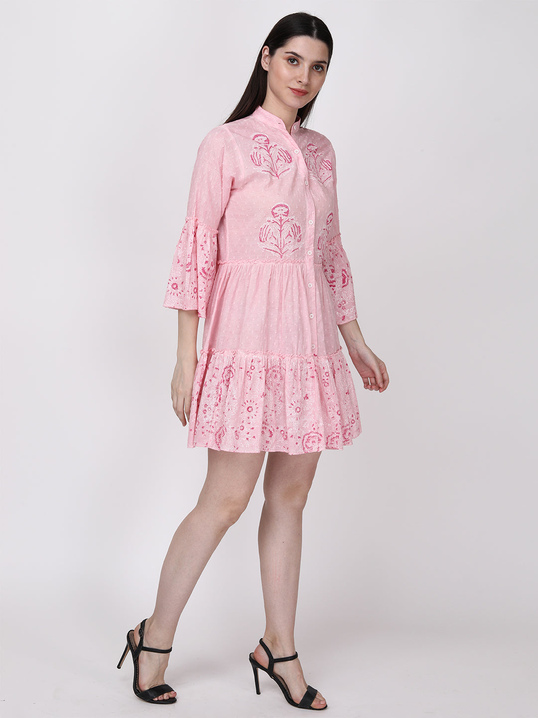 Pink Rose White Floral Cotton Fit & Flare Bell Sleeve Dress