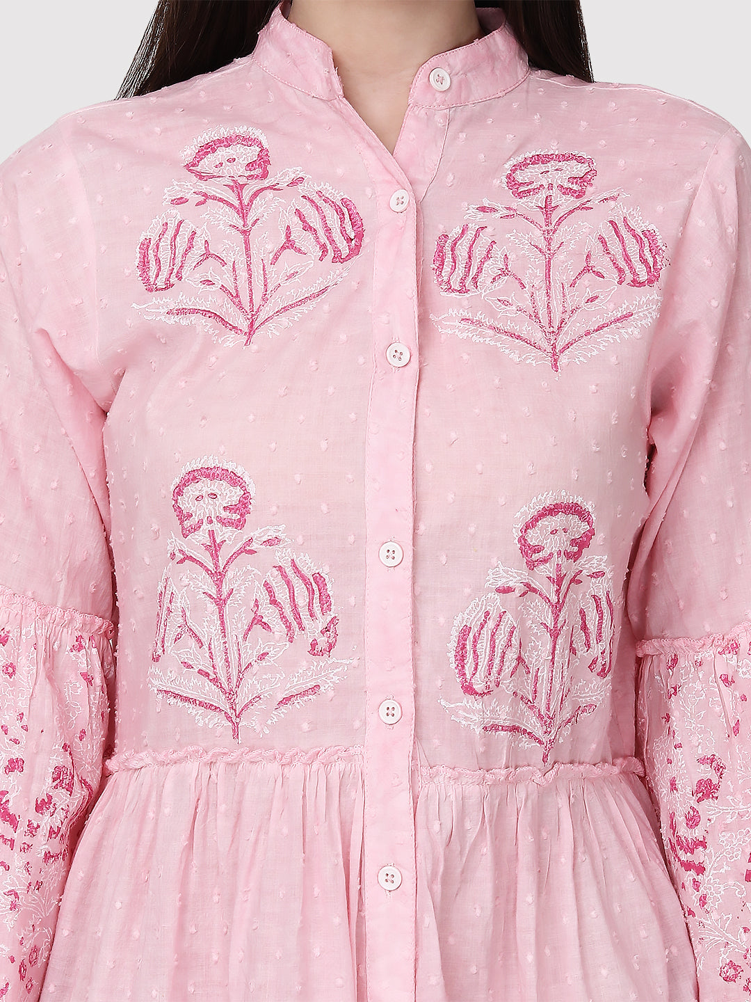 Pink Rose White Floral Cotton Fit & Flare Bell Sleeve Dress