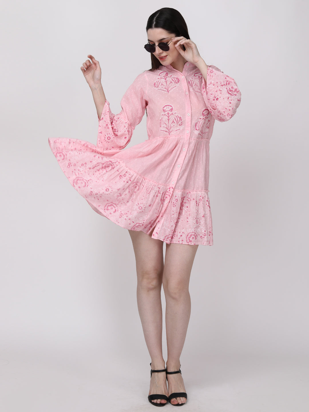 Pink Rose White Floral Cotton Fit & Flare Bell Sleeve Dress