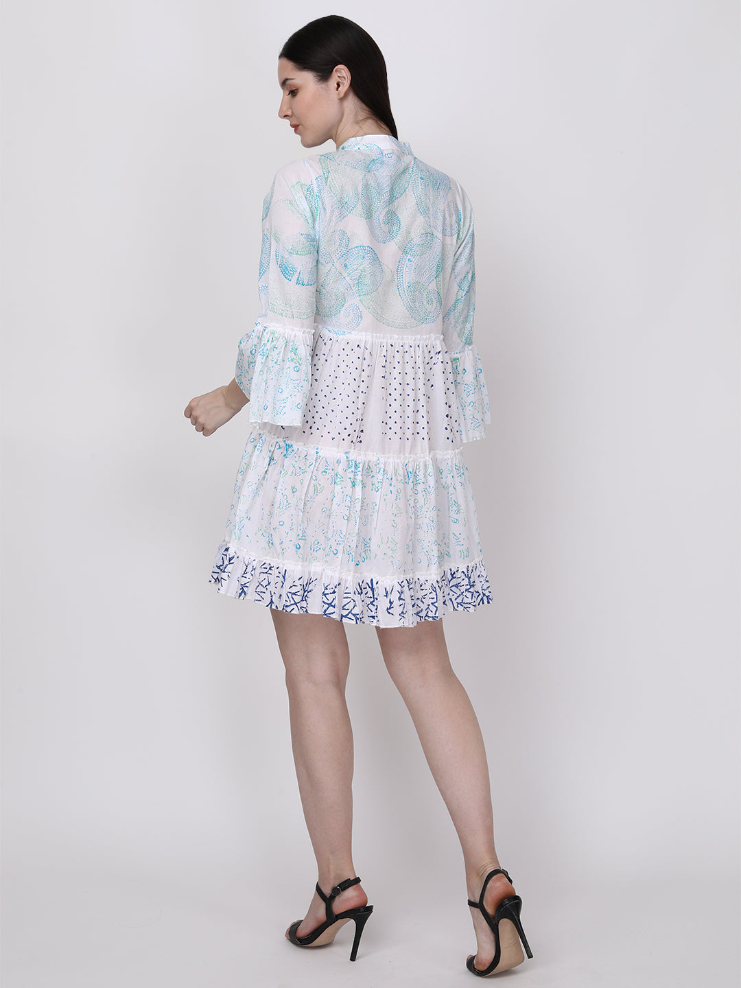 White Blue Ethnic Motif Cotton Tiered Shirt Dress Bell Sleeves