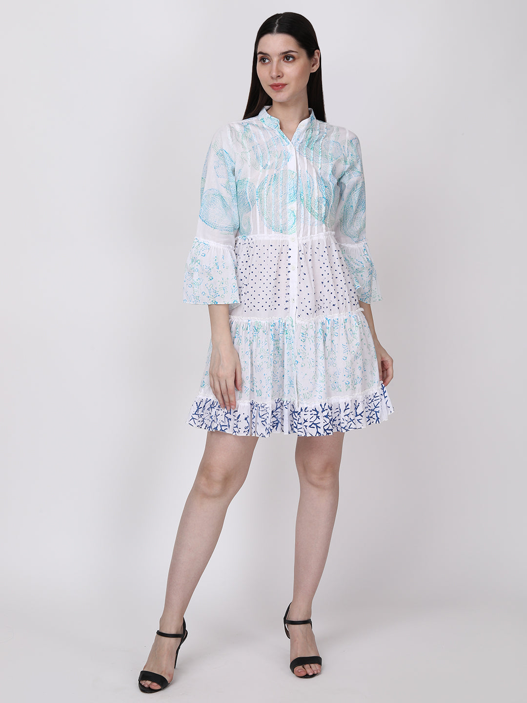 White Blue Ethnic Motif Cotton Tiered Shirt Dress Bell Sleeves