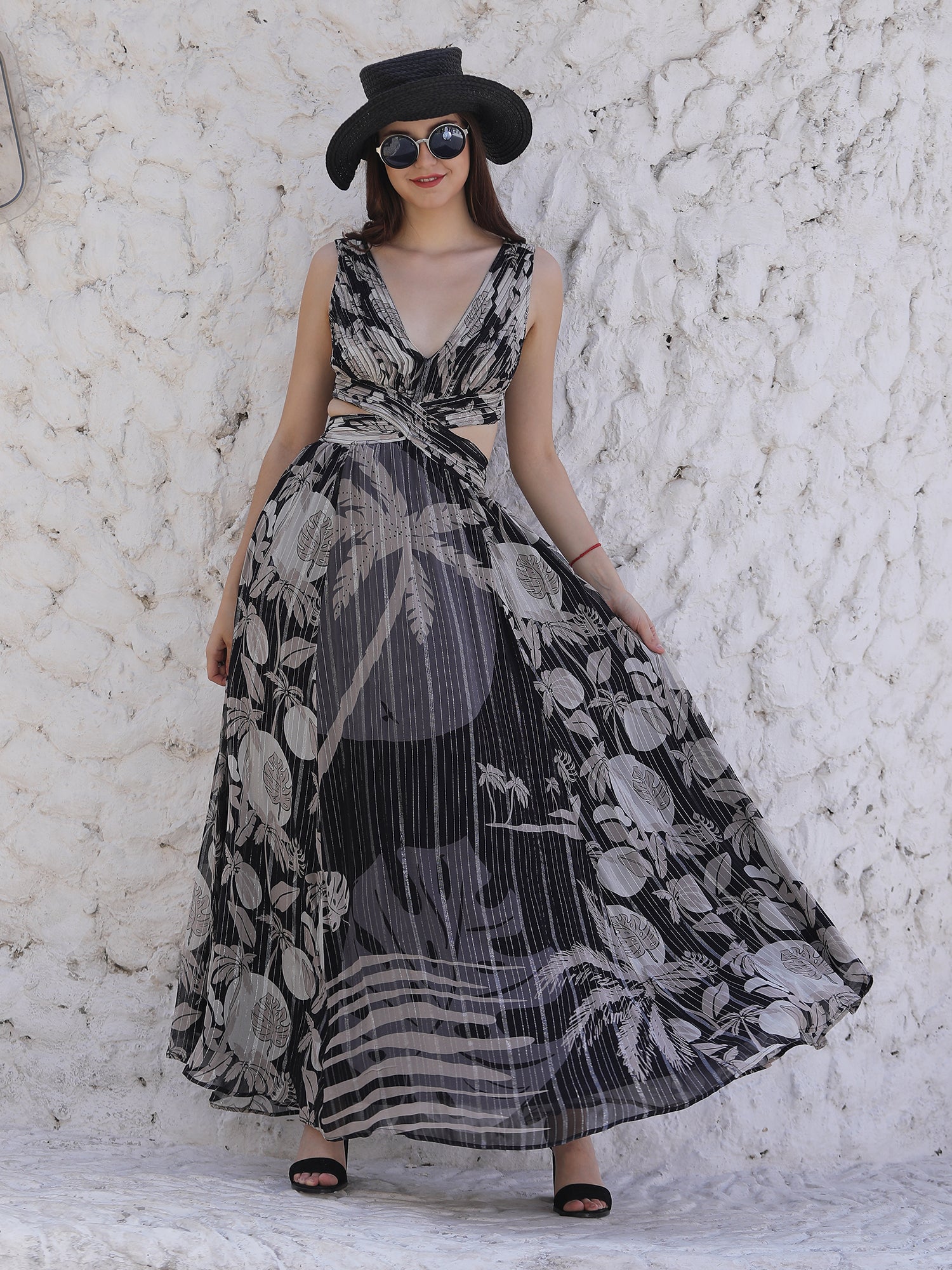 Timeless Black White Beige Floral Georgette Long Dress Back Bow