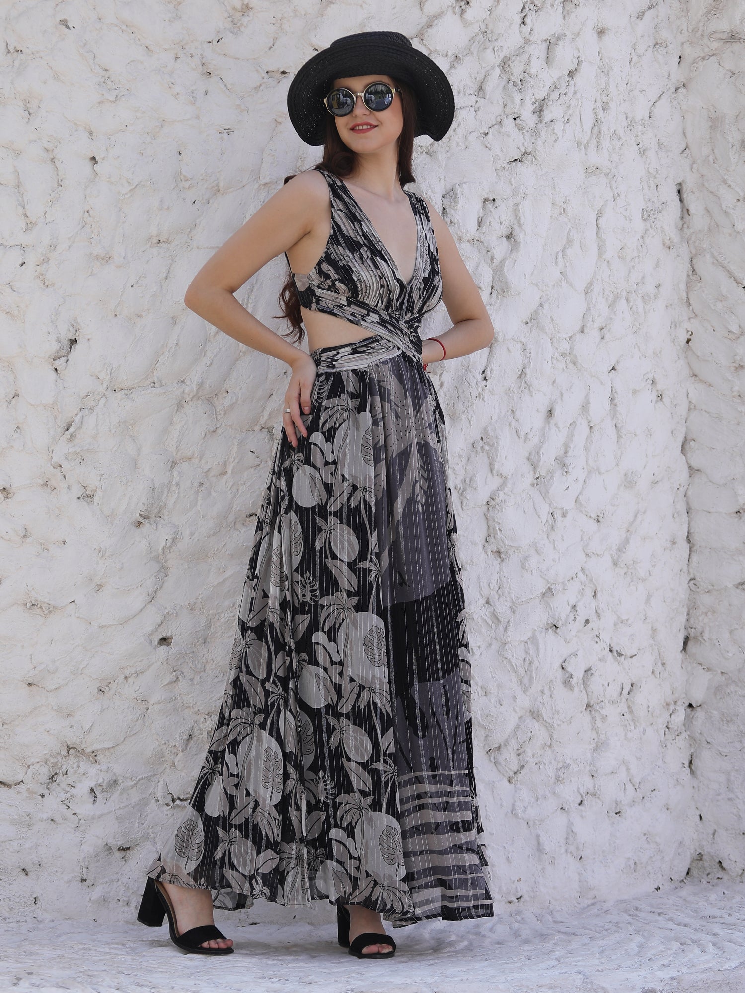 Timeless Black White Beige Floral Georgette Long Dress Back Bow