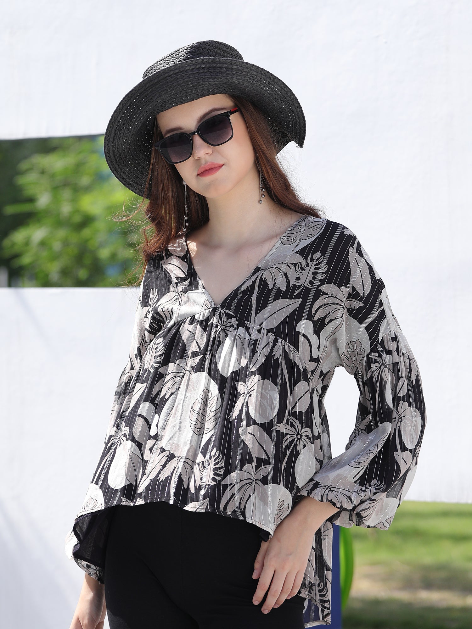 Vibrant Black White Beige Lurex Georgette Tropical Breeze Flowy Top