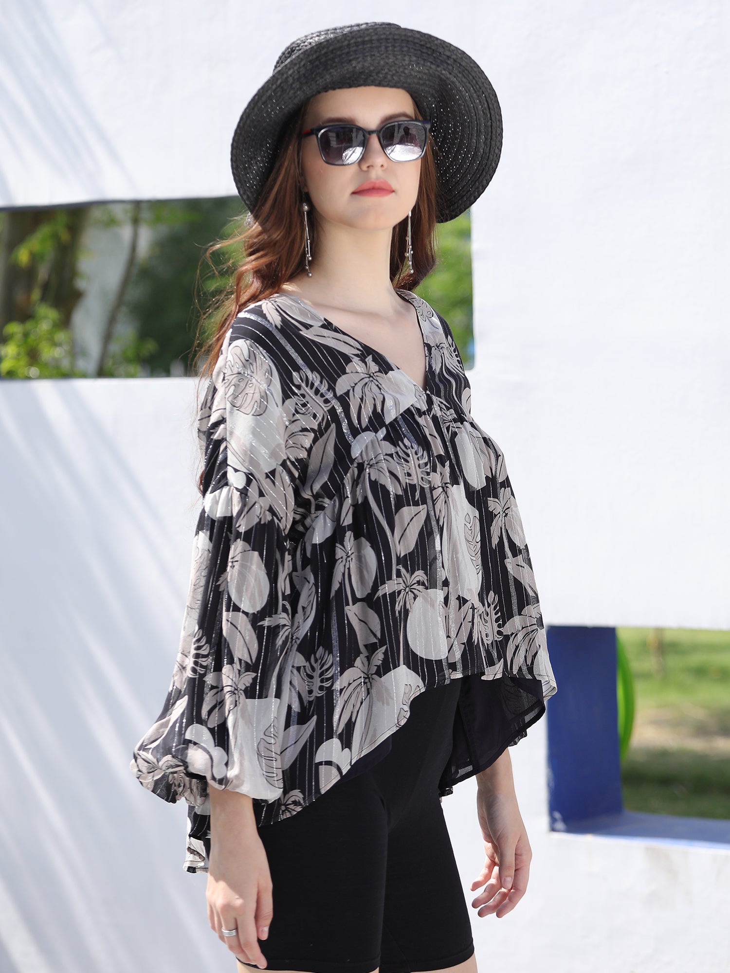 Vibrant Black White Beige Lurex Georgette Tropical Breeze Flowy Top