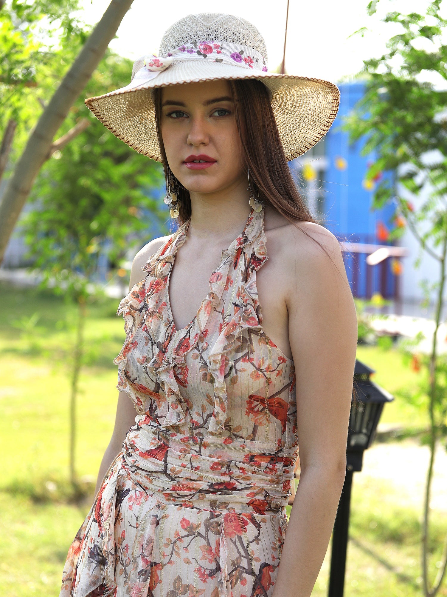 Stunning Beige Lurex Georgette Bird Print Backless Halter Dress