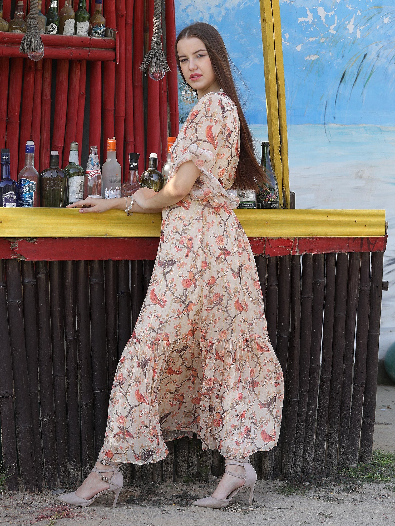 Enchanting Beige Satin Chiffon Bird Print Mid-Length Dress