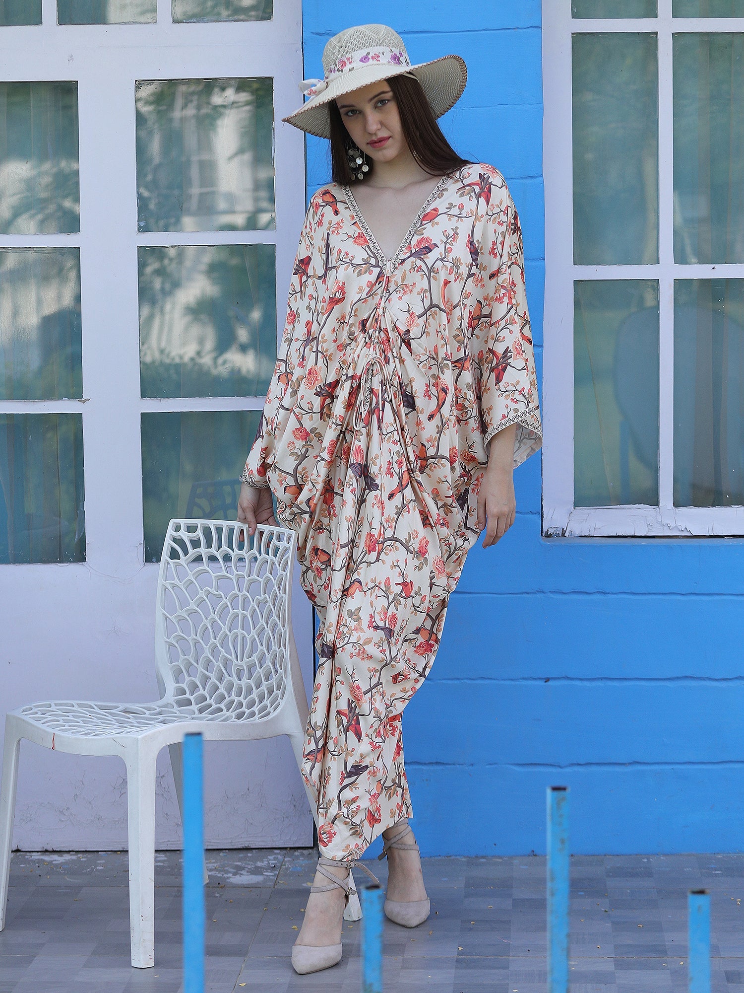 Whimsical Beige Viscose Modal Satin Bird Print Kaftan