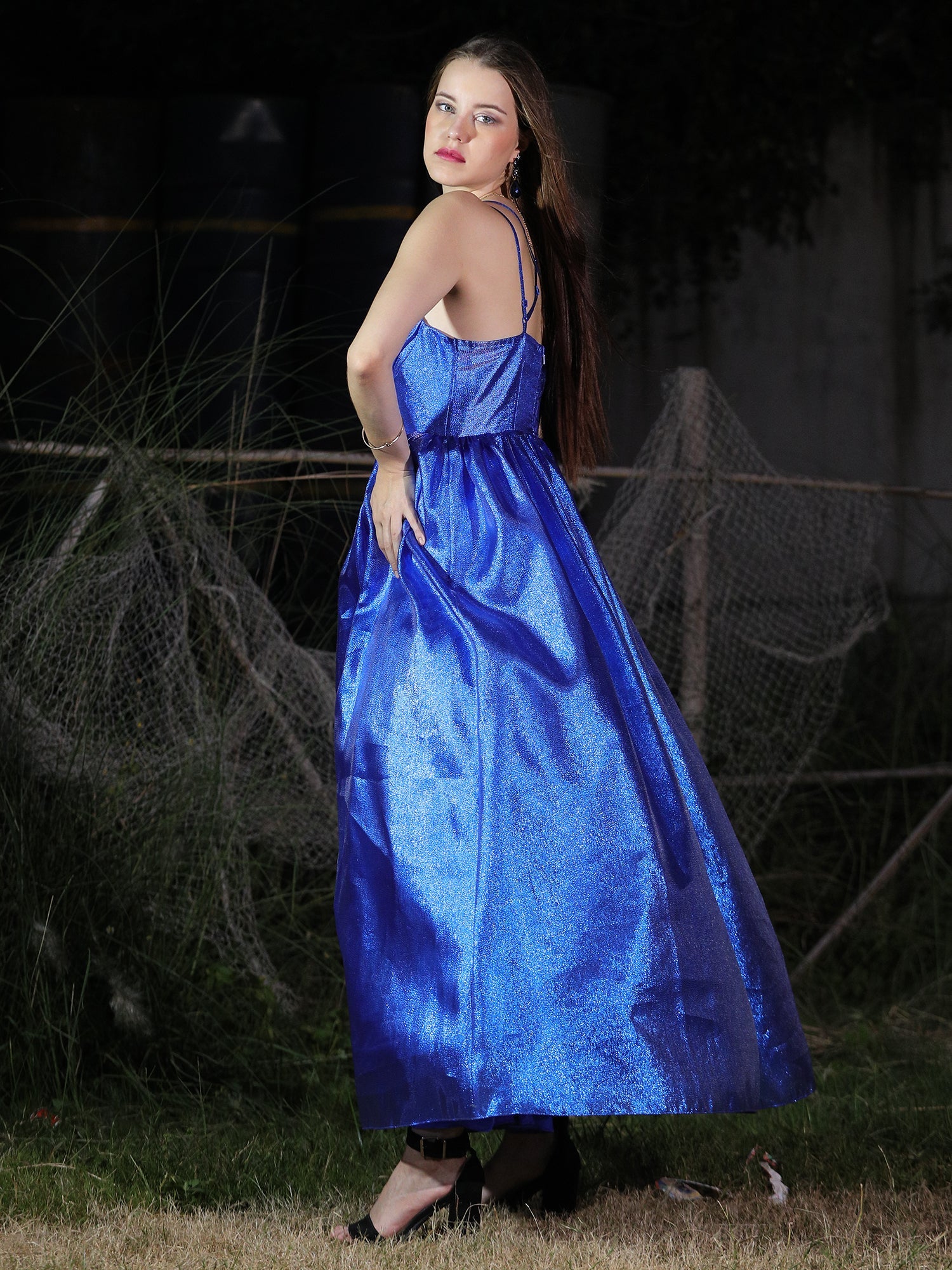Ethereal Blue Shimmering Azure Gown Fitted Bodice Flared Skirt