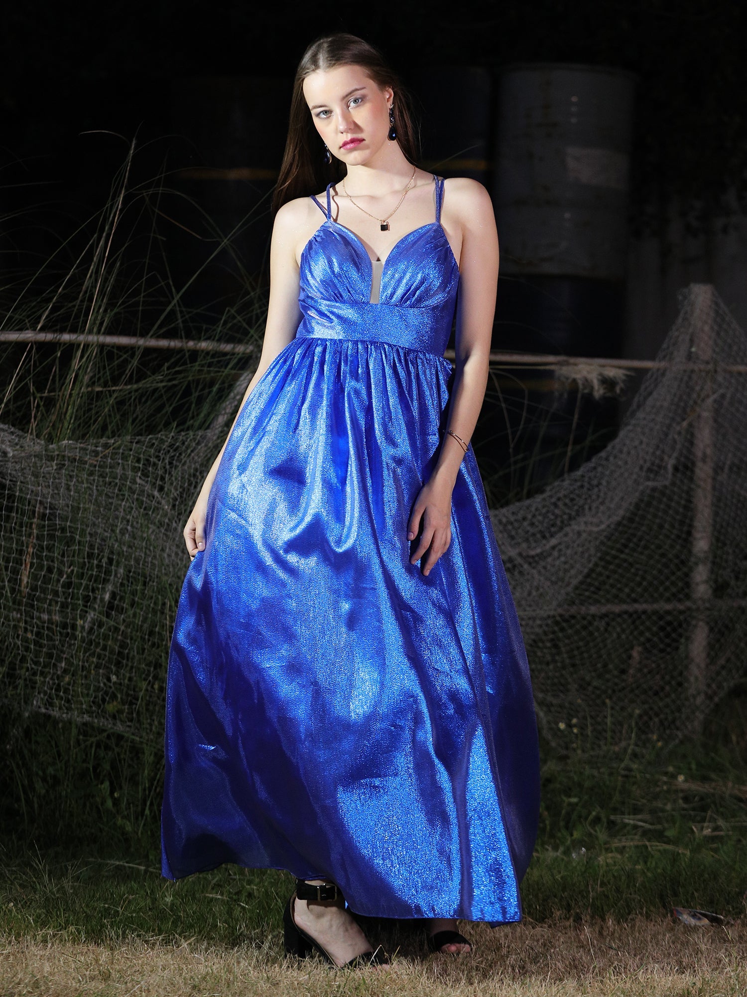 Ethereal Blue Shimmering Azure Gown Fitted Bodice Flared Skirt