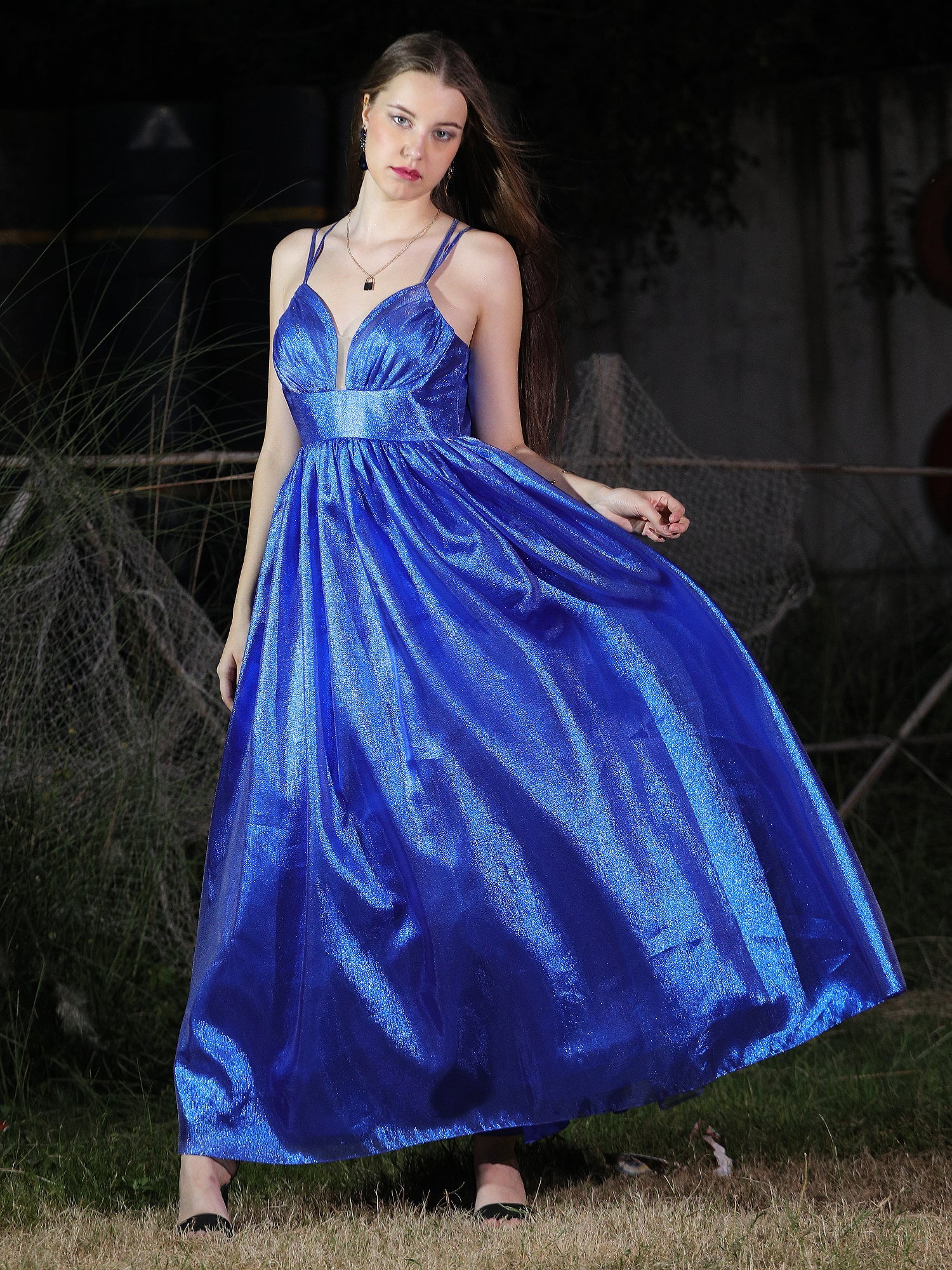 Ethereal Blue Shimmering Azure Gown Fitted Bodice Flared Skirt