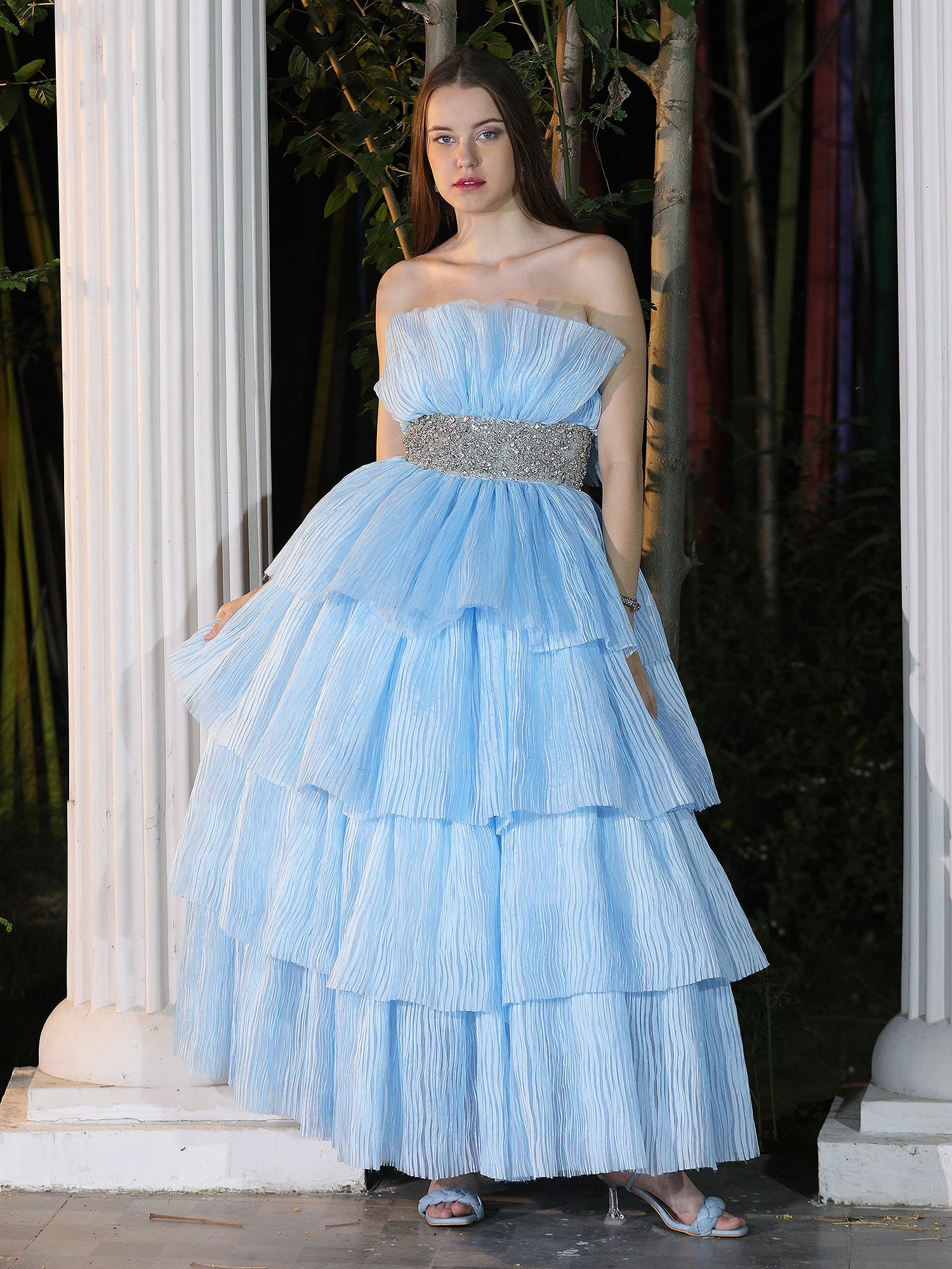 Ethereal Baby Blue Organza Twilight Gown Silver Stone Embroidery