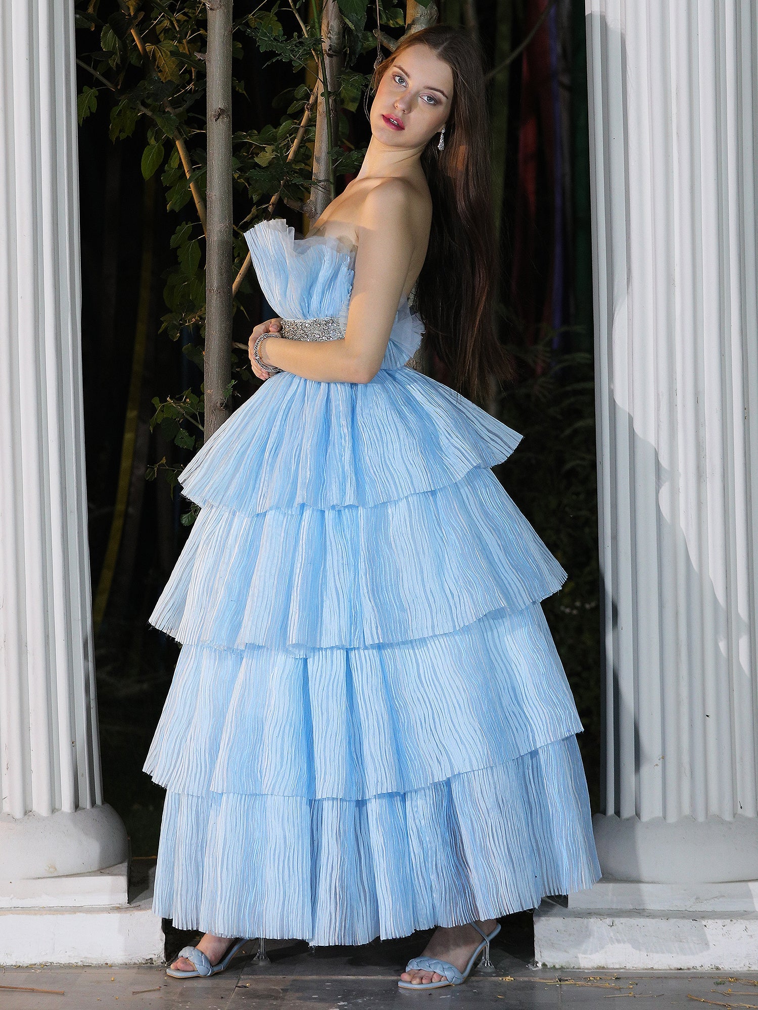 Ethereal Baby Blue Organza Twilight Gown Silver Stone Embroidery