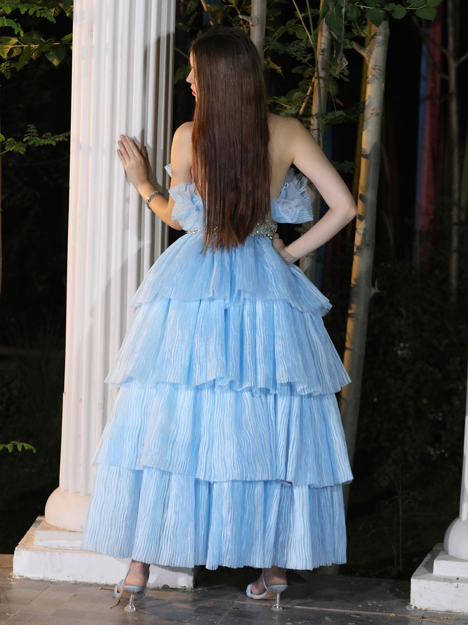 Ethereal Baby Blue Organza Twilight Gown Silver Stone Embroidery