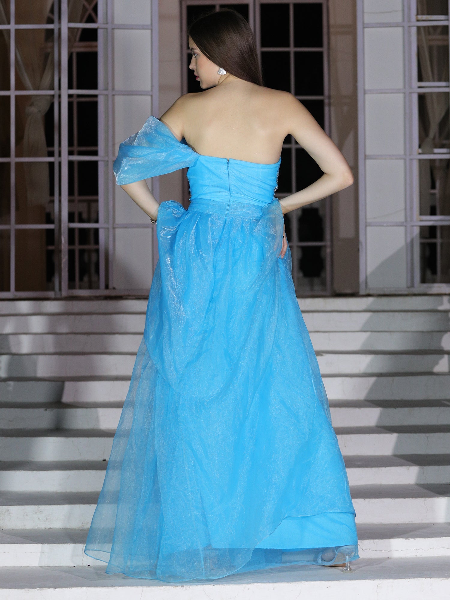 Enchanting Turquoise Organza Serene Sea Gown One-Shoulder Stonework