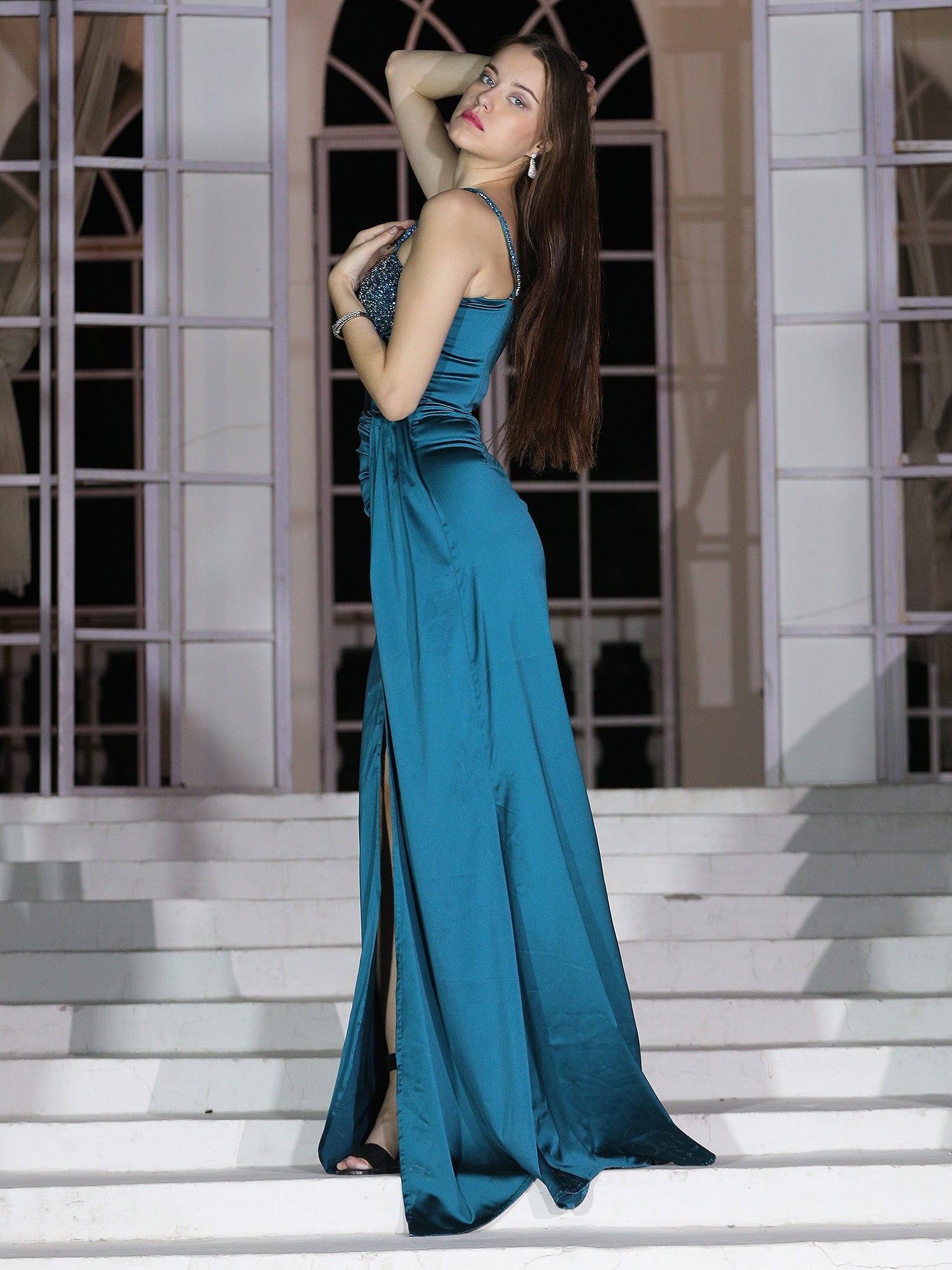 Captivating Deep Sea Green Enchanted Marina Gown Strappy Stone Embroidery