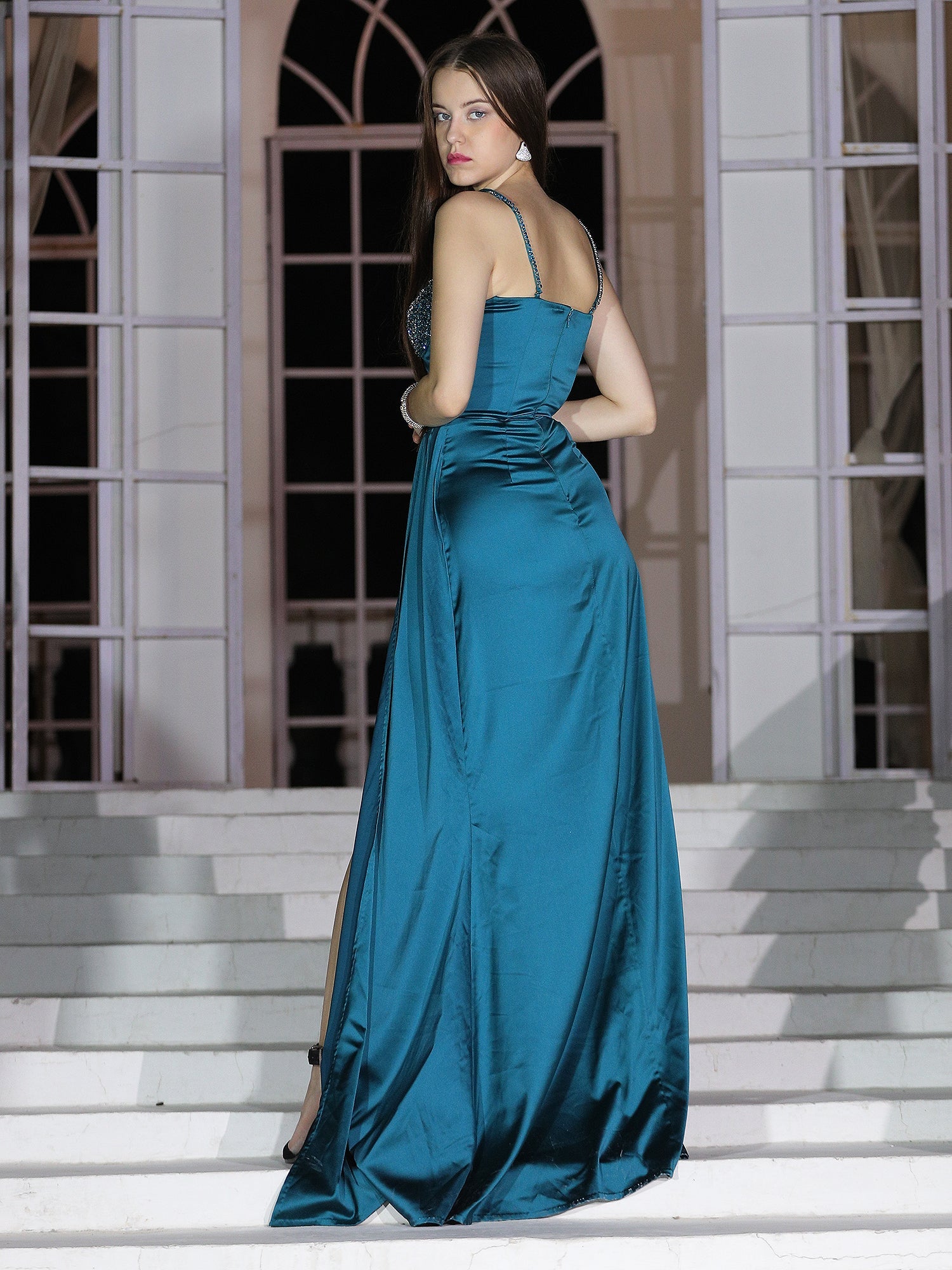 Captivating Deep Sea Green Enchanted Marina Gown Strappy Stone Embroidery