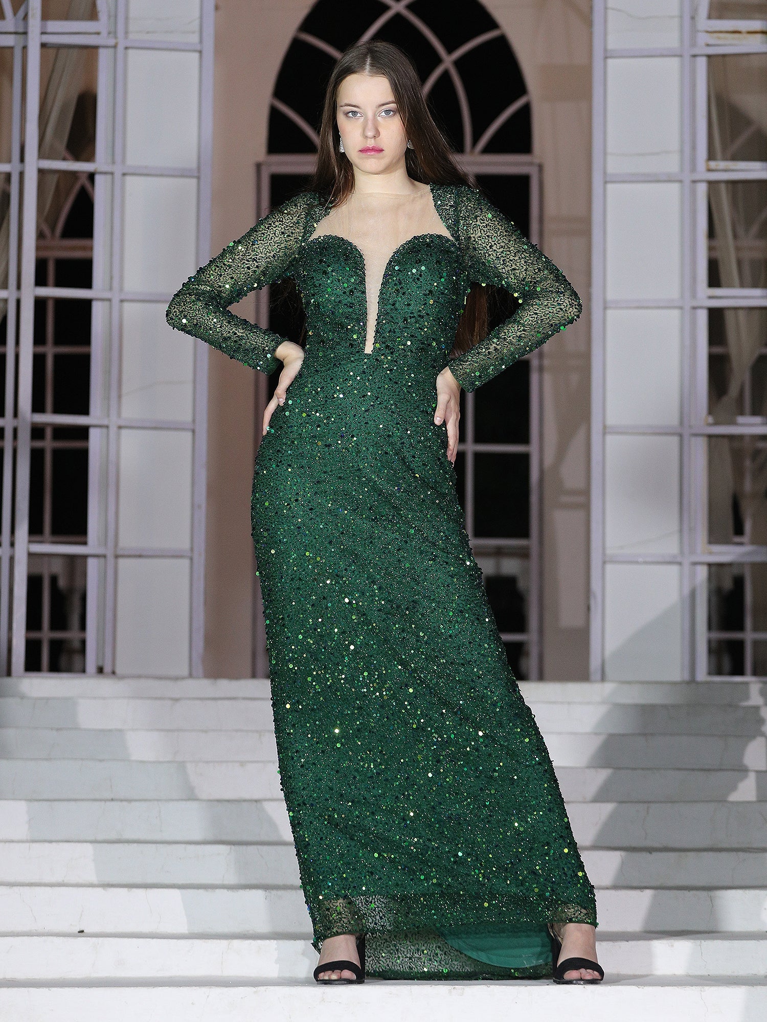 Opulent Bottle Green Mesh Emerald Empress Fishtail Gown Sequins Stones