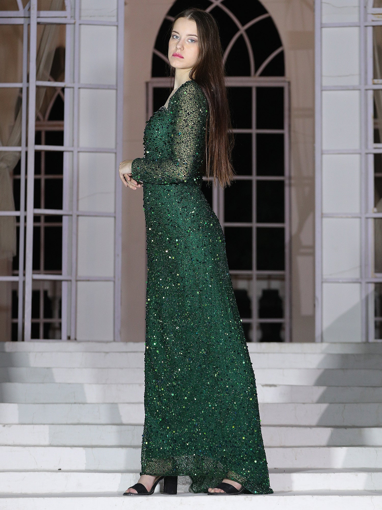 Opulent Bottle Green Mesh Emerald Empress Fishtail Gown Sequins Stones