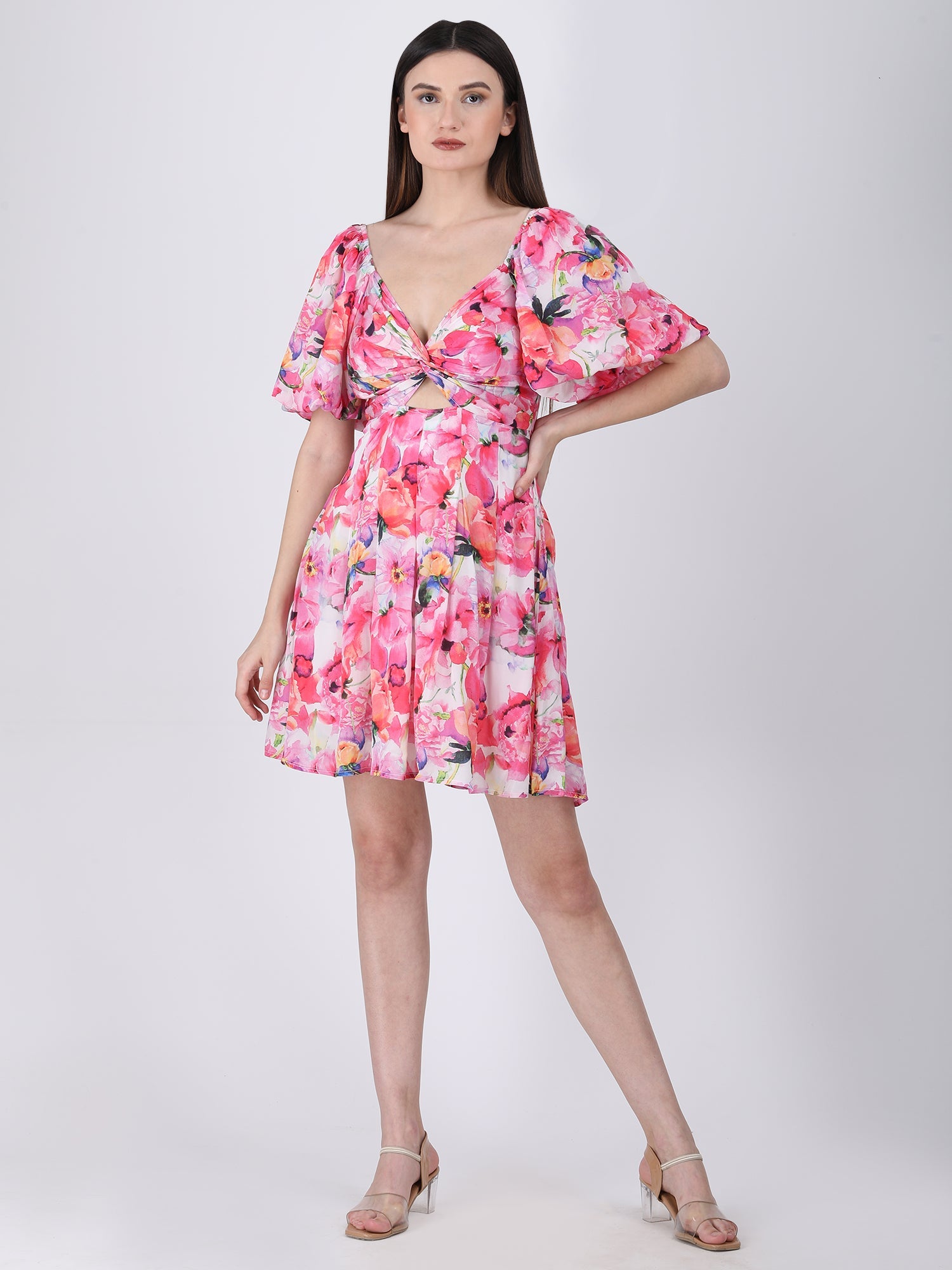 Romantic Pink Viscose Crepe Blushing Bouquet Knot-Front Dress