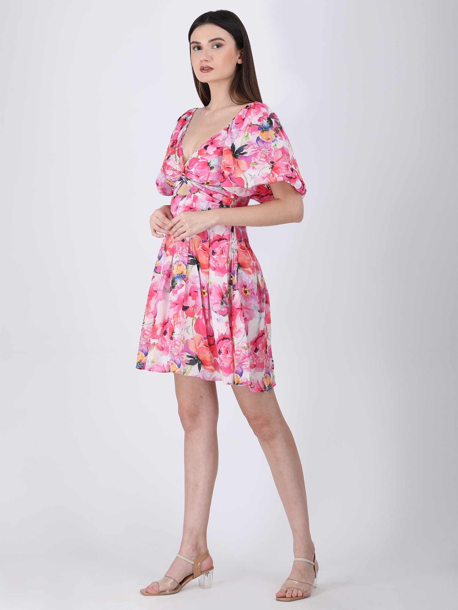 Romantic Pink Viscose Crepe Blushing Bouquet Knot-Front Dress