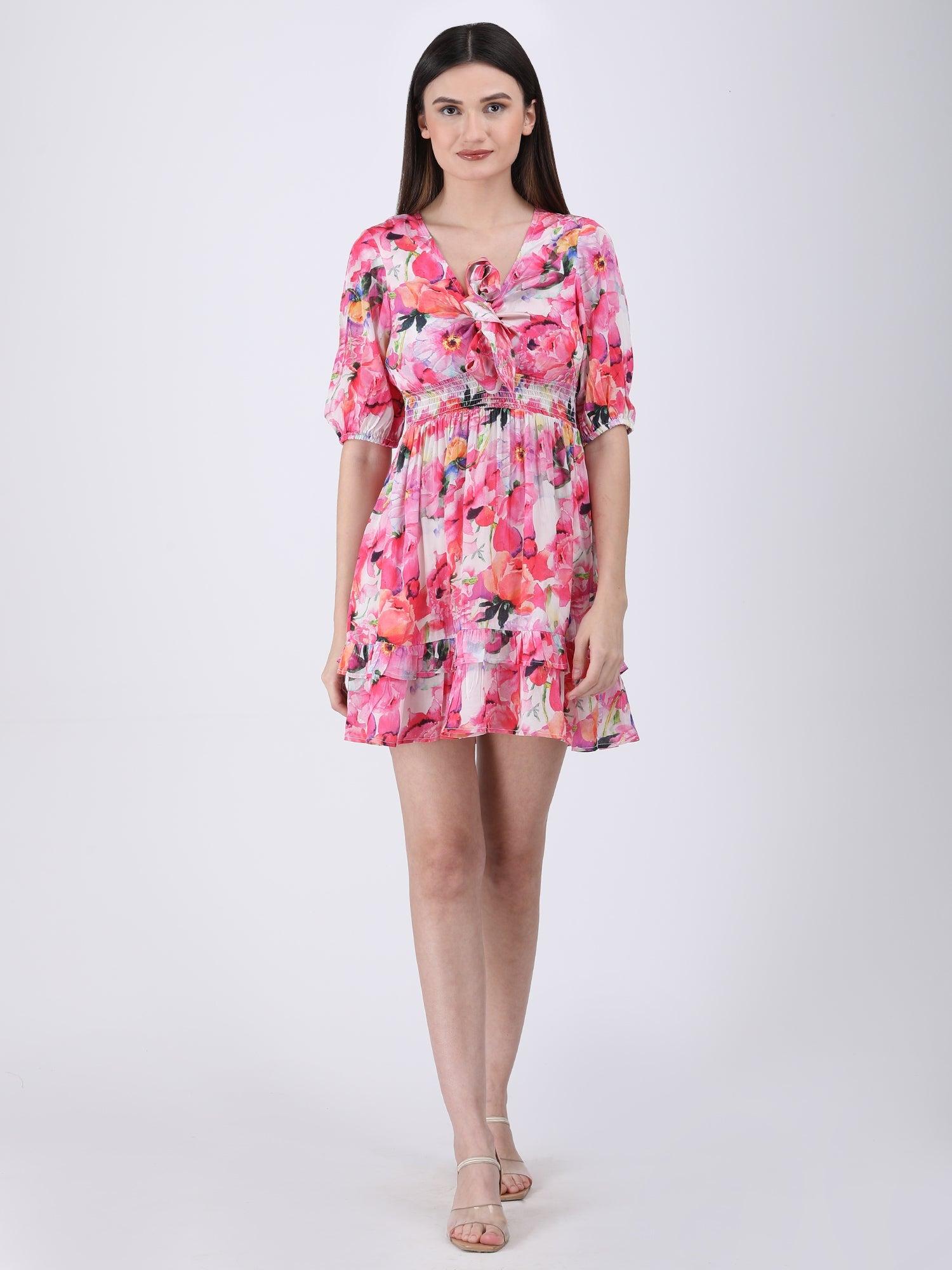 Poetic Pink Modal Satin Floral Tie-Neck Dress