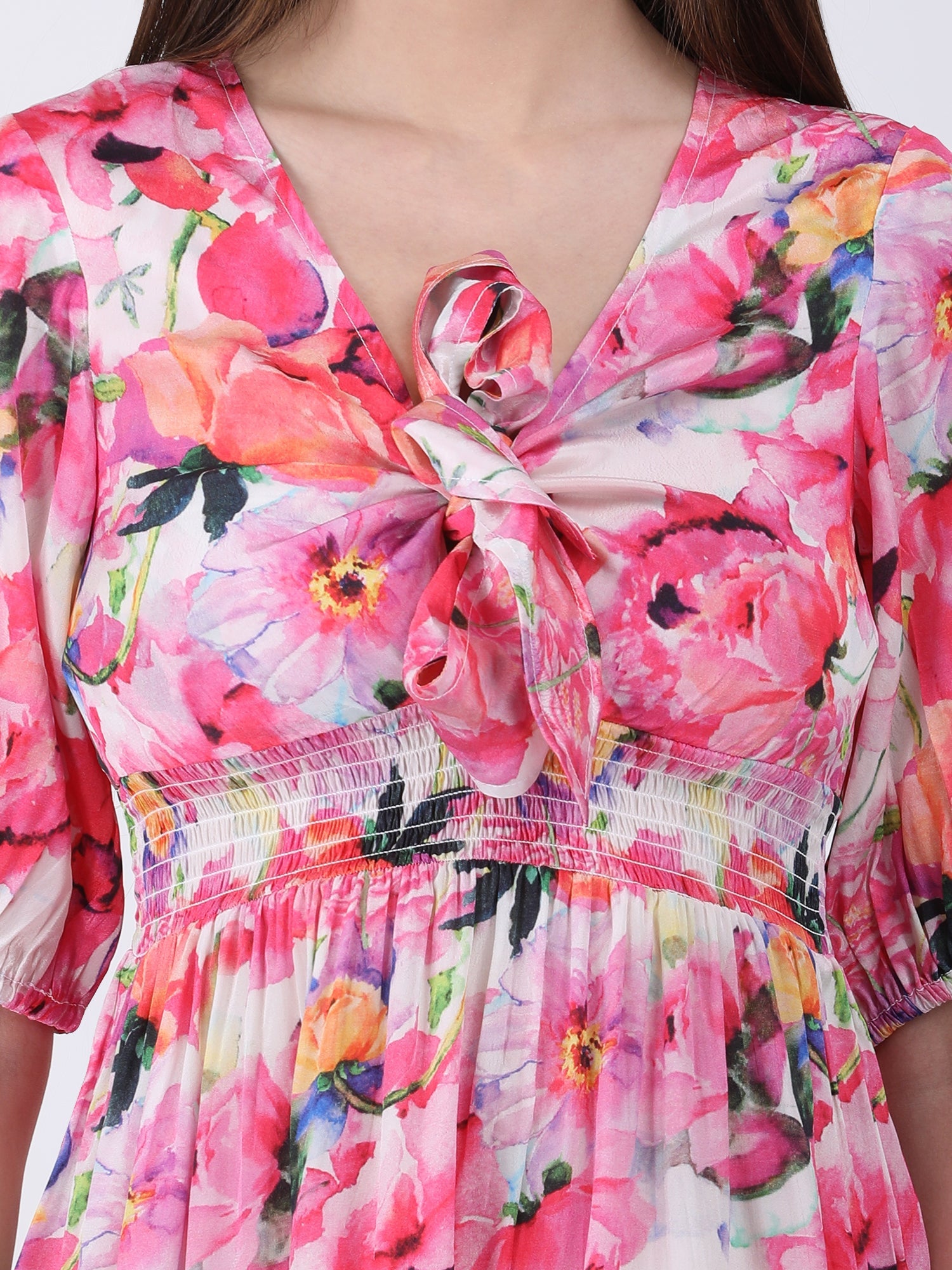 Poetic Pink Modal Satin Floral Tie-Neck Dress