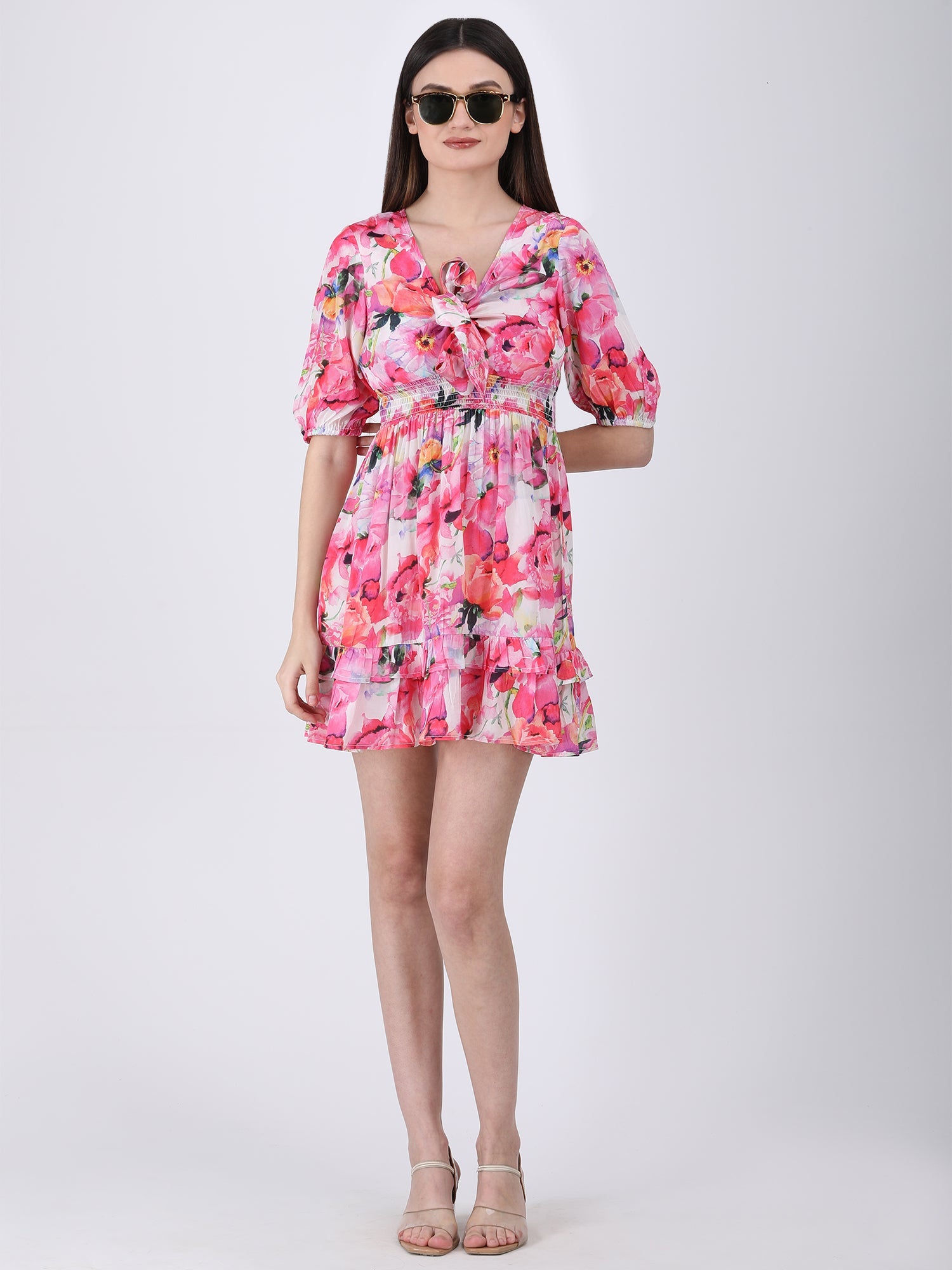 Poetic Pink Modal Satin Floral Tie-Neck Dress