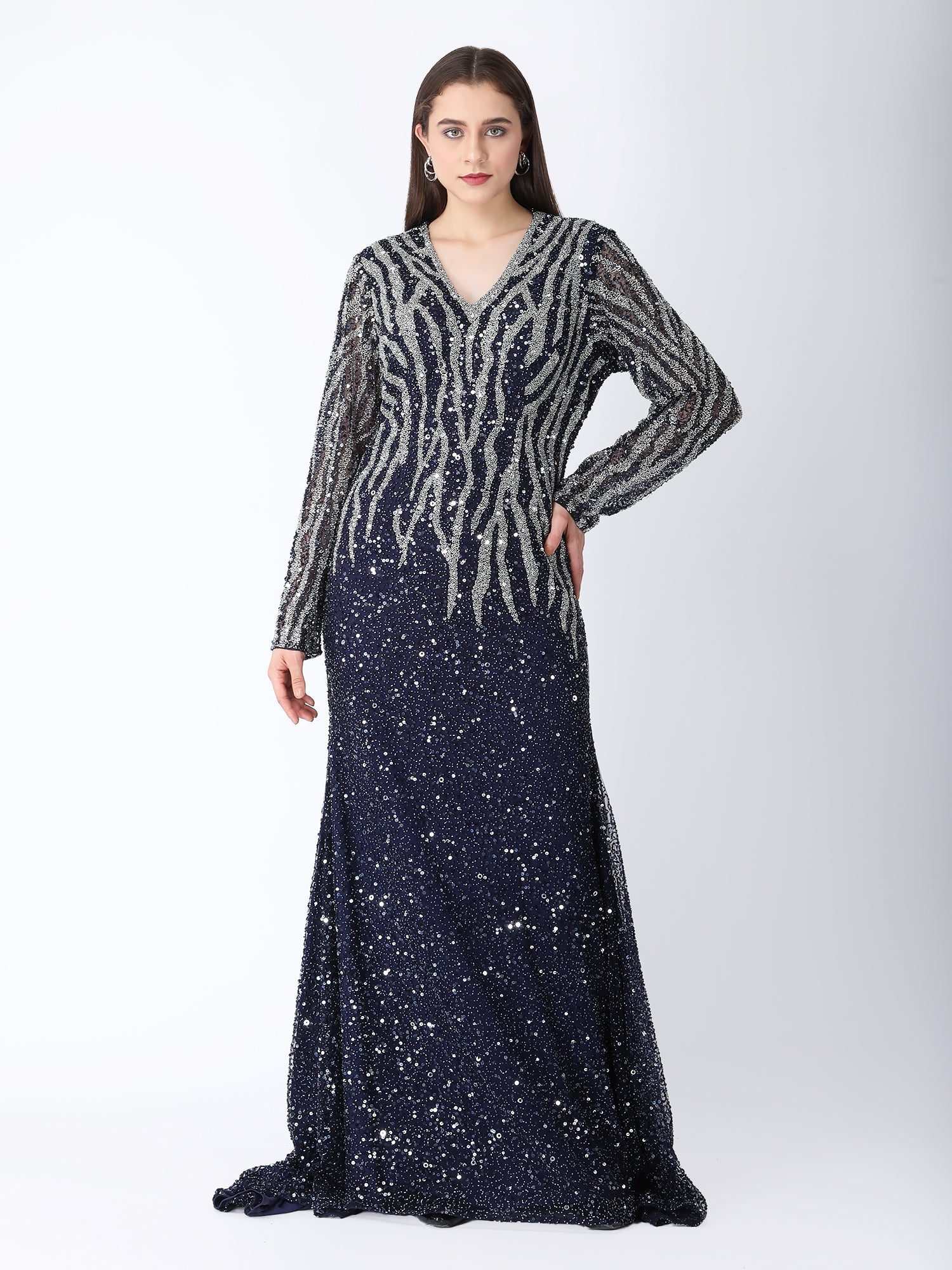 Breathtaking Blue Viscose Tulle Midnight Shimmer Gown Sequins Beads