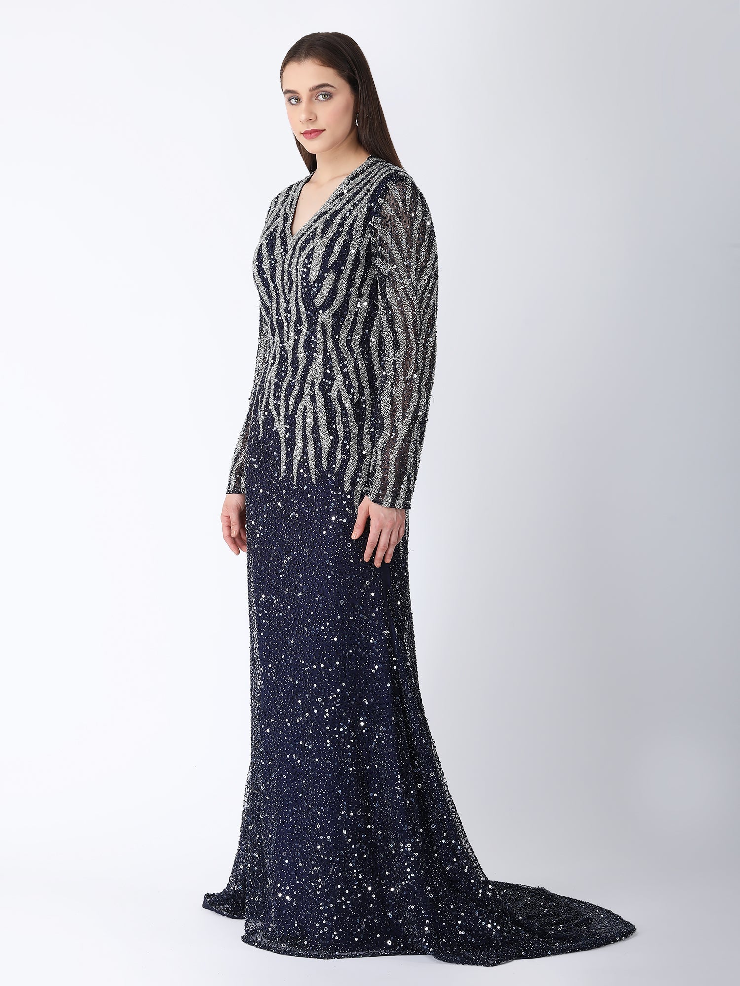 Breathtaking Blue Viscose Tulle Midnight Shimmer Gown Sequins Beads