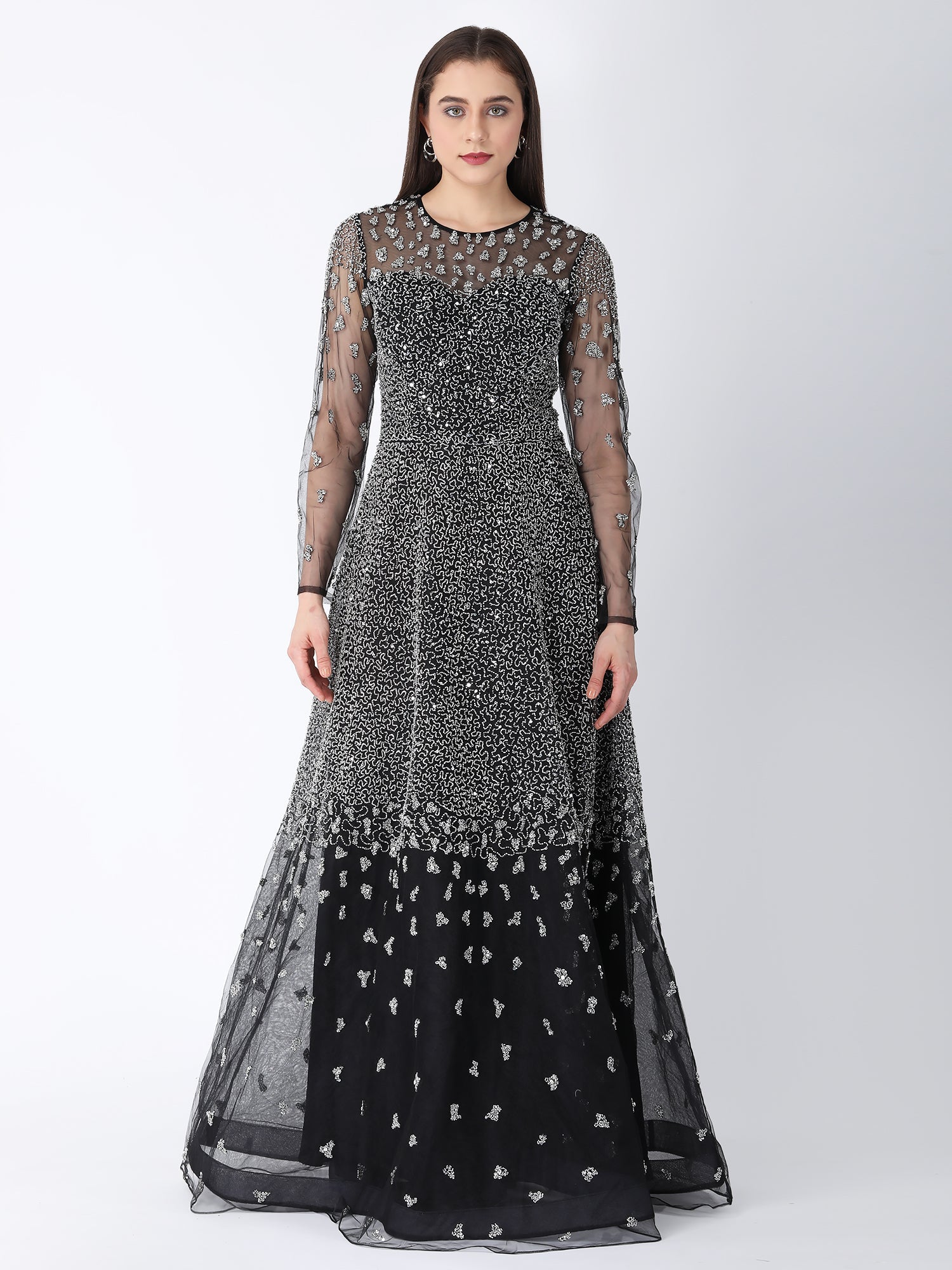Mesmerizing Black Viscose Tulle Starry Dust A-Line Gown Beadwork