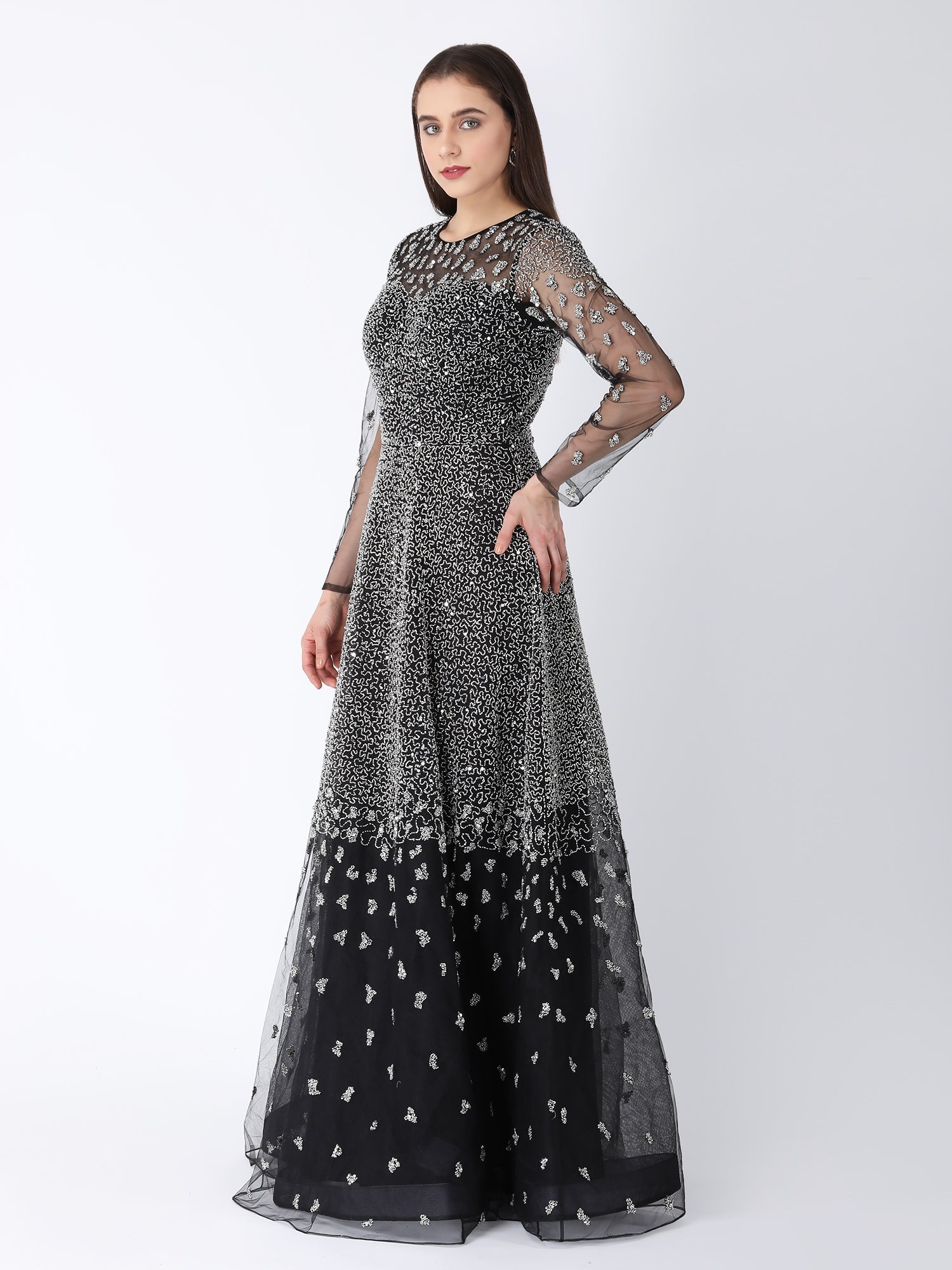 Mesmerizing Black Viscose Tulle Starry Dust A-Line Gown Beadwork