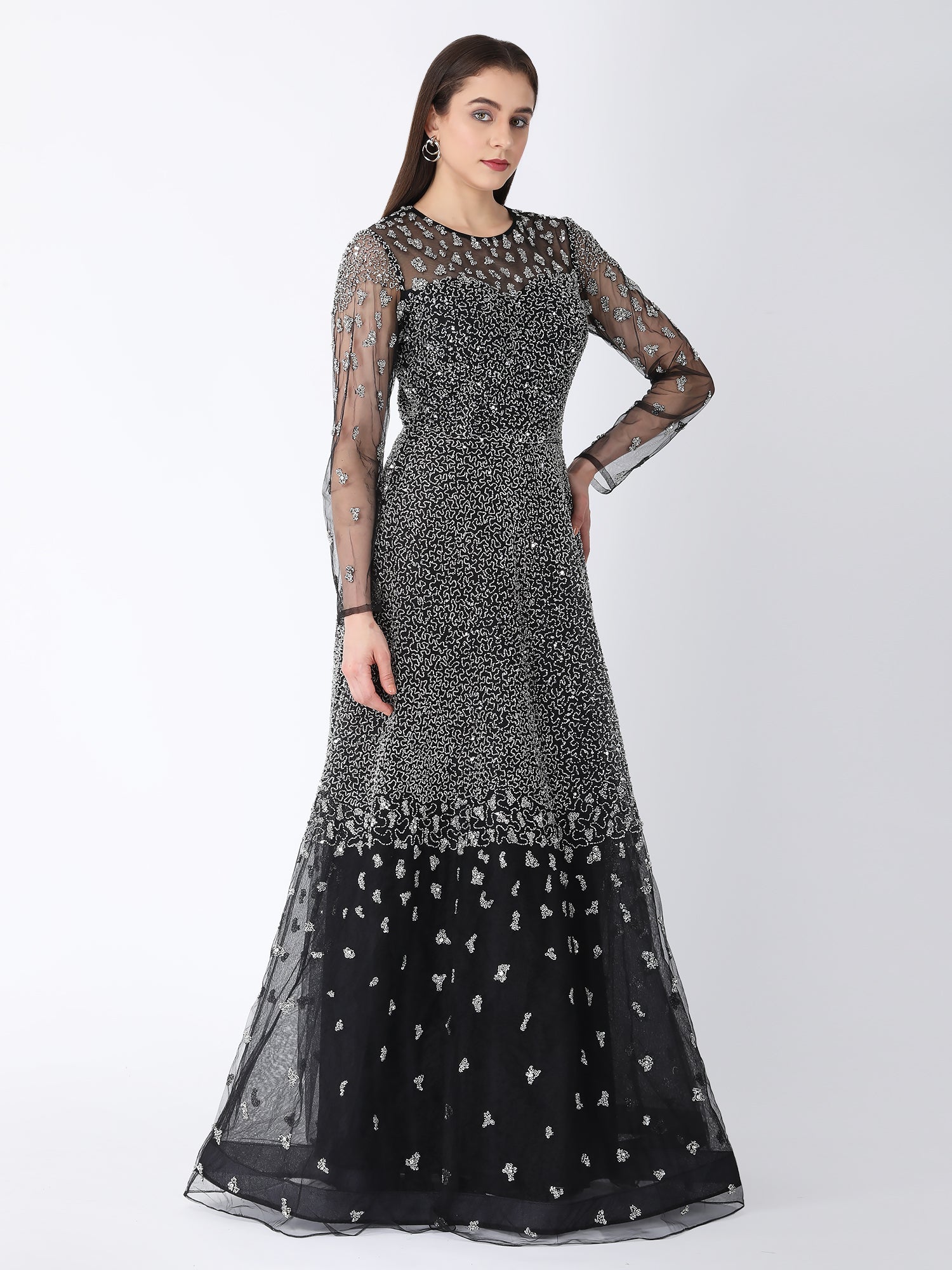 Mesmerizing Black Viscose Tulle Starry Dust A-Line Gown Beadwork