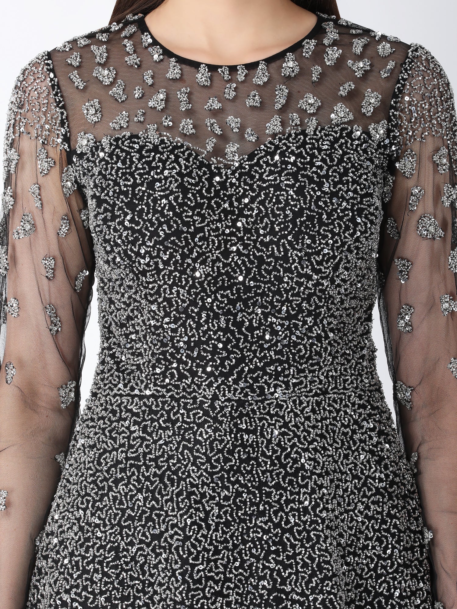 Mesmerizing Black Viscose Tulle Starry Dust A-Line Gown Beadwork