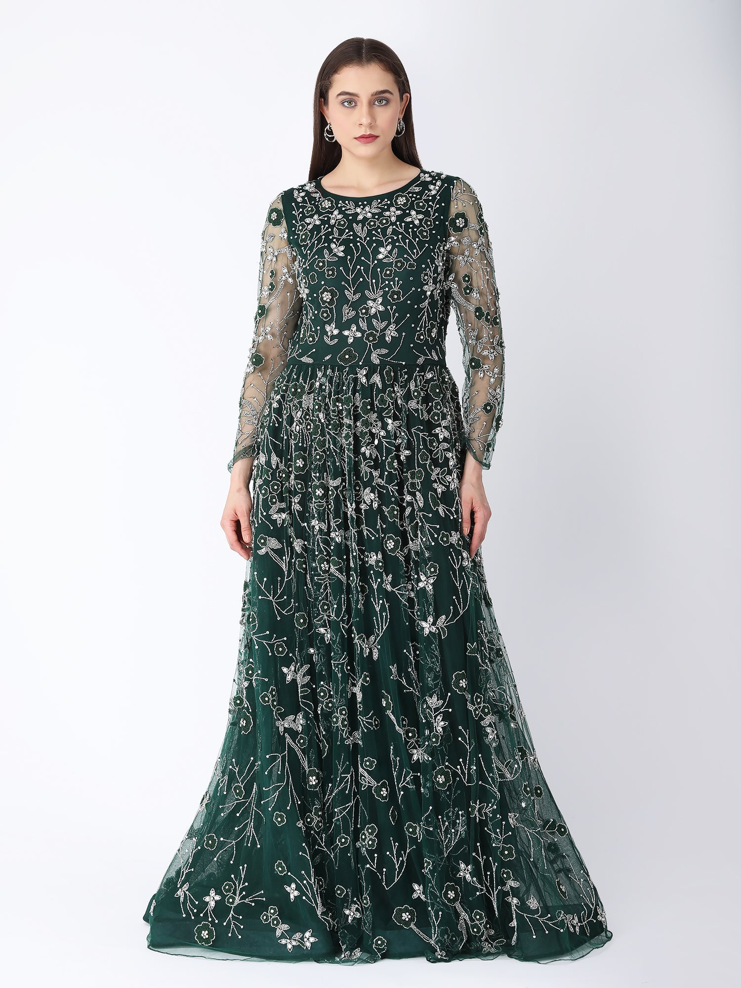 Masterpiece Green Viscose Tulle Floral Bloom Gown Glass Stone