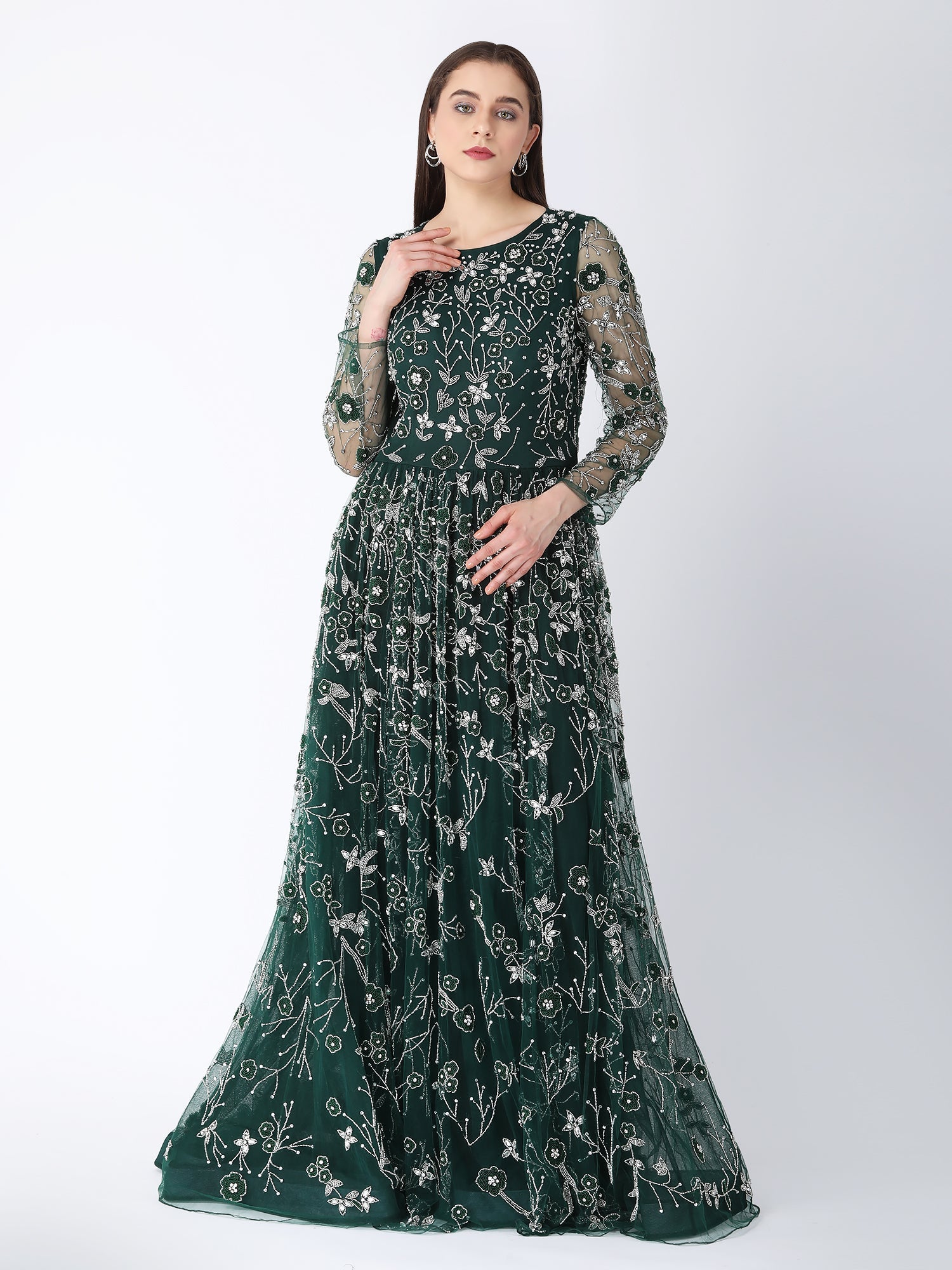 Masterpiece Green Viscose Tulle Bloom Emerald Gown Glass Stone
