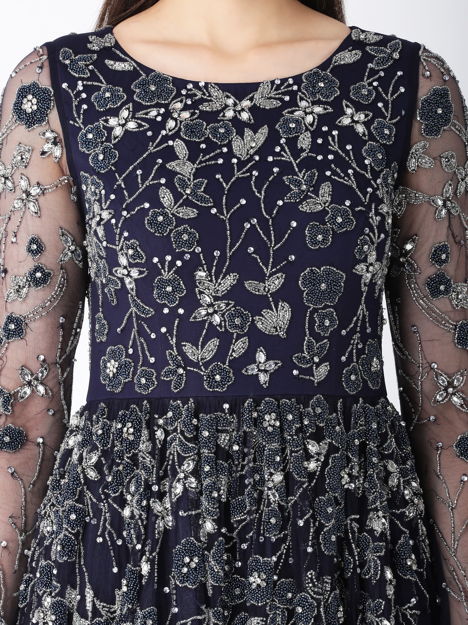 Royal Blue Viscose Tulle Floral Bloom Gown Glass Stone Beads