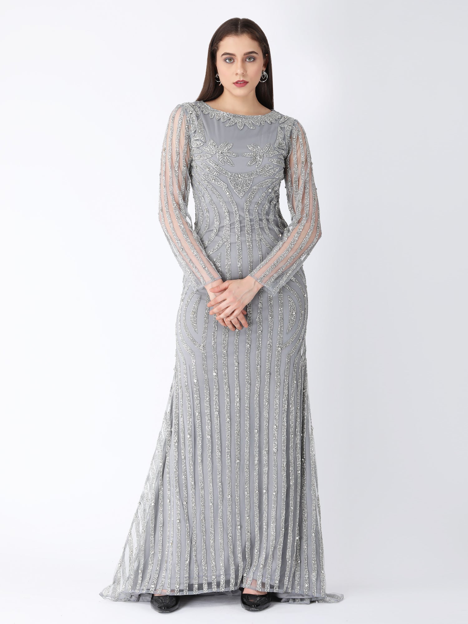 Masterpiece Grey Silver Viscose Tulle Story Beaded Gown
